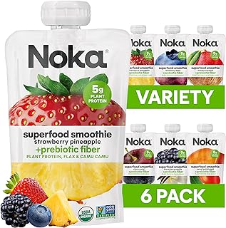 Noka Superfood Fruit Smoothie Pouches Variety Pack, Healthy Snacks with Flax Seed, Plant Protein and Prebiotic Fiber, Vegan and Gluten Free Snacks, Organic Squeeze Pouch, 4.22 oz, 6 Count