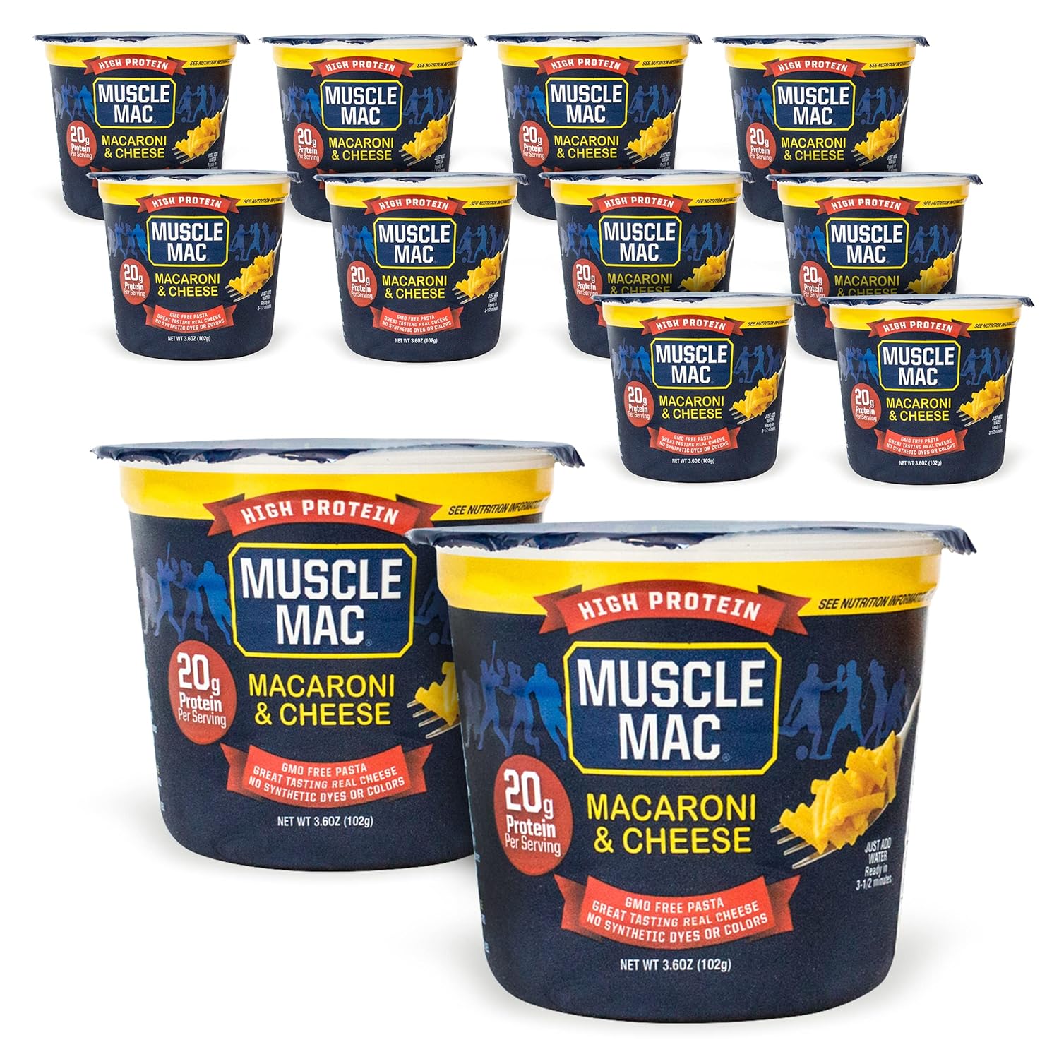Muscle Mac Macaroni and Cheese Dinner with Real Cheese, Microwaveable, 20g of protein, 3.6 oz per cup (Pack of 12)