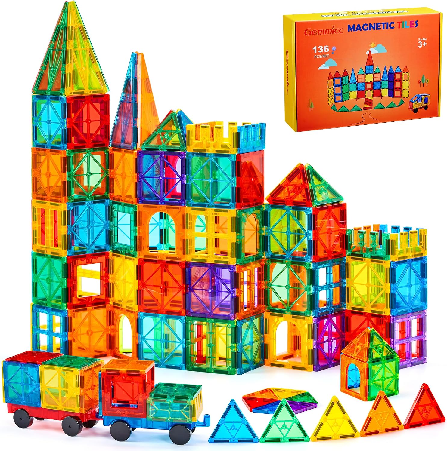 Gemmicc 136 PCS Magnetic Tiles, Magnet Toys for Kids,Huge Set with 2 Cars