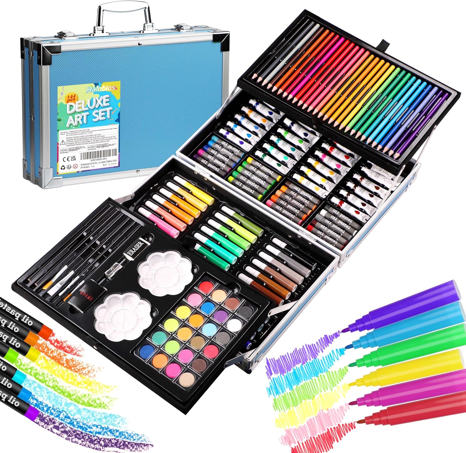 Halobios Professional Art Set, 144 Deluxe Aluminium Case Painting Set with Watercolour Pens Drawing Pencils Paints Oil Pastels, Premium Colouring Drawing Art Supplies Case Gift for Artists Adult
