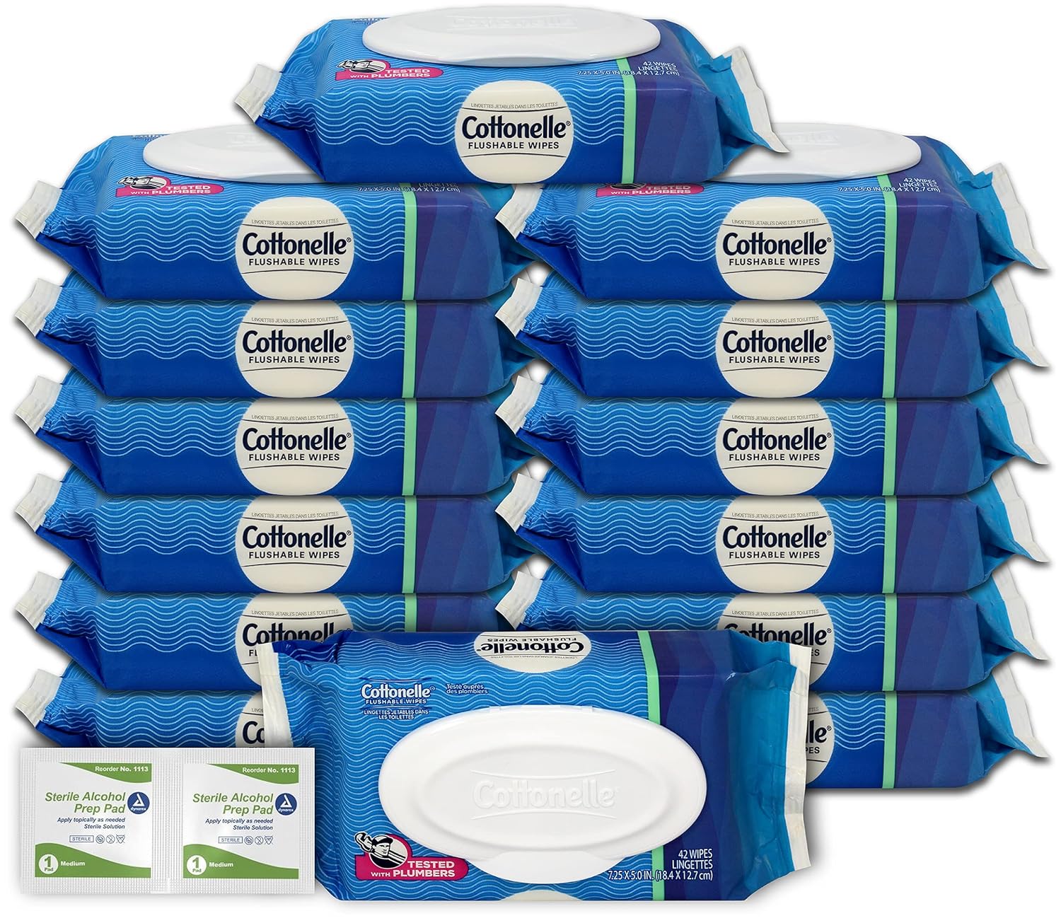 Cottonelle Flushable Wipes: 14 Packs of 42-588 Cottonelle Wipes Flushable Wet Wipes Plus 100 Prep Cleaning Wipes, Bulk Pack, Septic Safe, With Snap Close Resealable Top, Niro Assortment