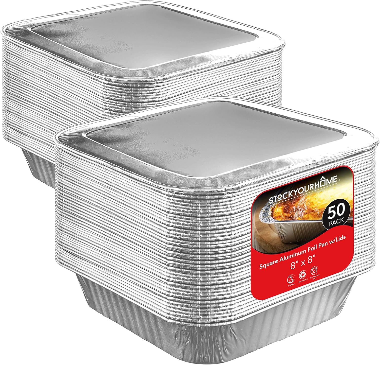 Stock Your Home 8" Square Cake Pans (50 Pack) - Disposable & Recyclable - Aluminum Baking Pans with Lids