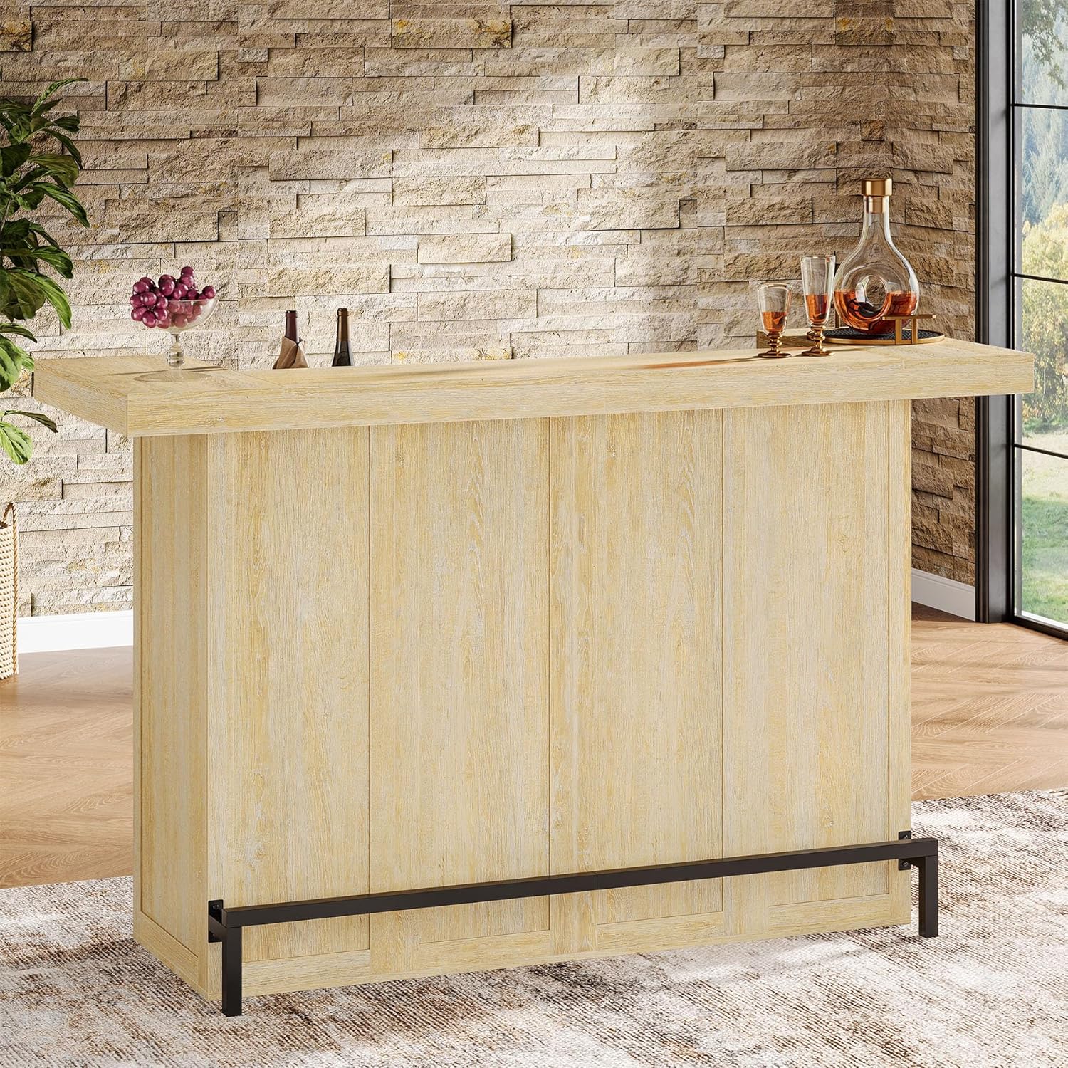 Tribesigns 4-Tier Bar Table, 70.9-Inch Large Modern Home Bar Cabinet with Wine Glass Holder and Black Footrest, Liquor Cabinet with Storage Shelves for Kitchen, Dining Room, Living Room, Pub, Oak Wood