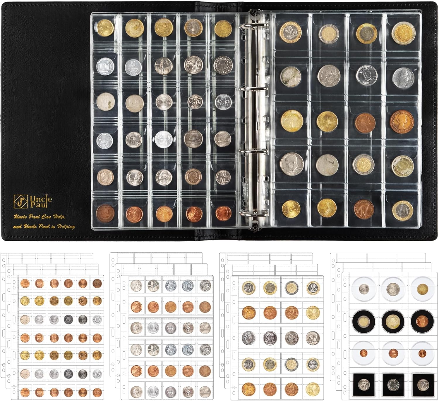 Coin Storage Leather Binder with Slipcase Set - Assorted 4 Sizes Pocket Pages, 12 Pages Coin Collection Book for Global Travel, All in One 4-Ring Coin Album for Journal 9.6"x 11.8" BC01 Uncle Paul