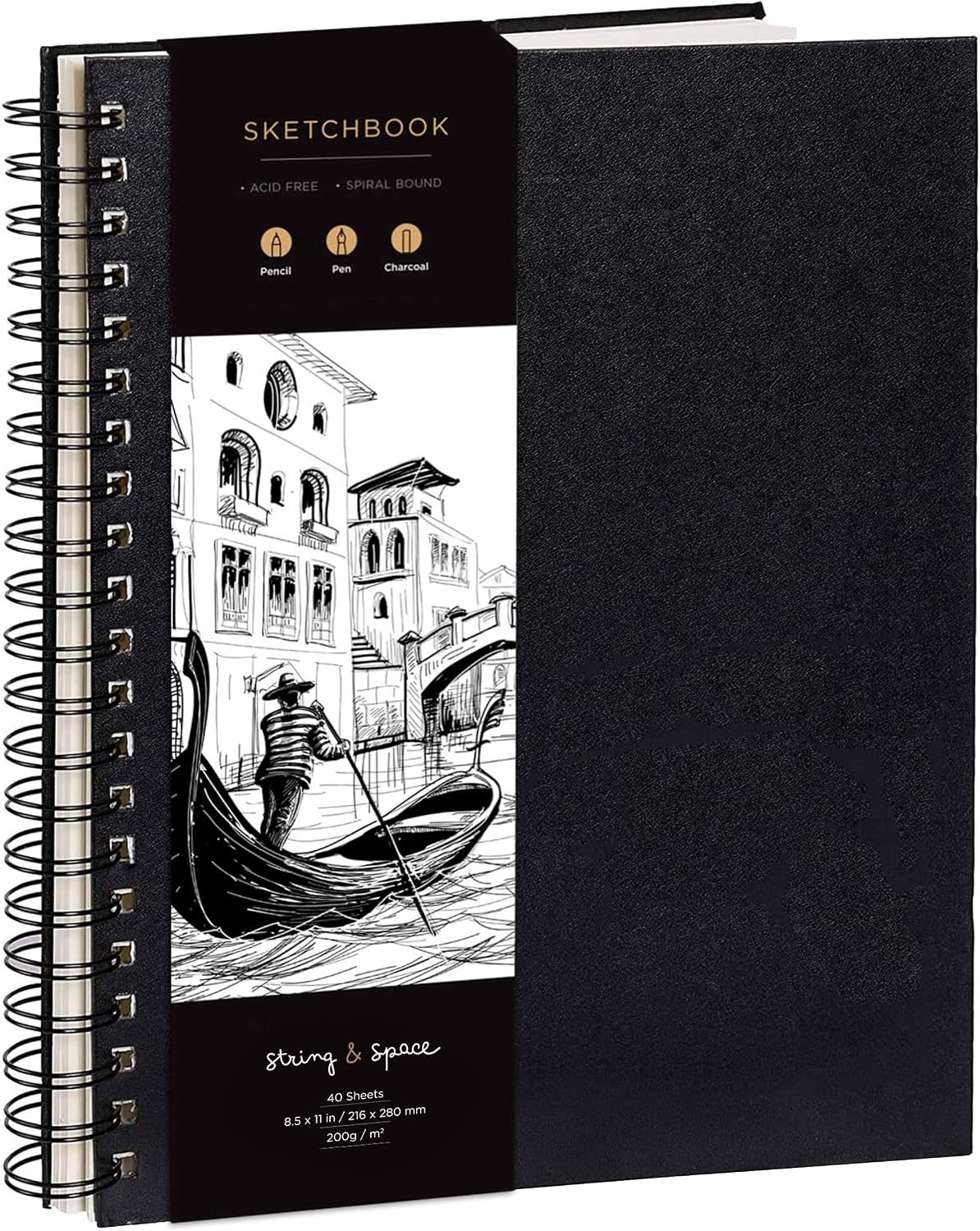 String & Space A4 Sketch Book for Artists Hardcover – 200GSM Very Thick Acid-Free Paper for Wet & Dry Media – Spiral Bound Lay-Flat Sketchbook, Drawing Pad Art Book, 40 Sheets / 80 Pages (A4)