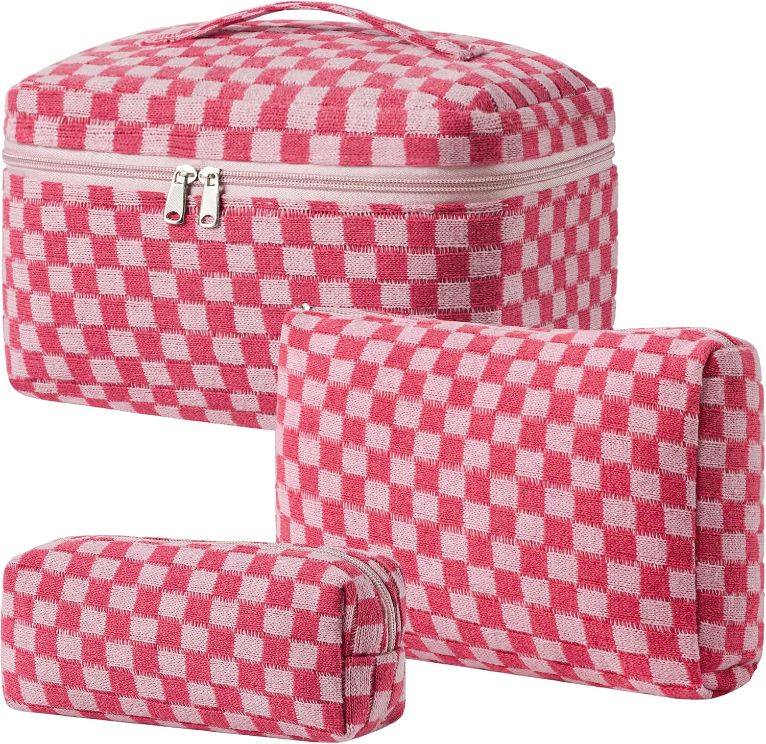 HBselect Quilted Makeup Bag, 3Pcs Cotton Large Travel Makeup Bags Organizer