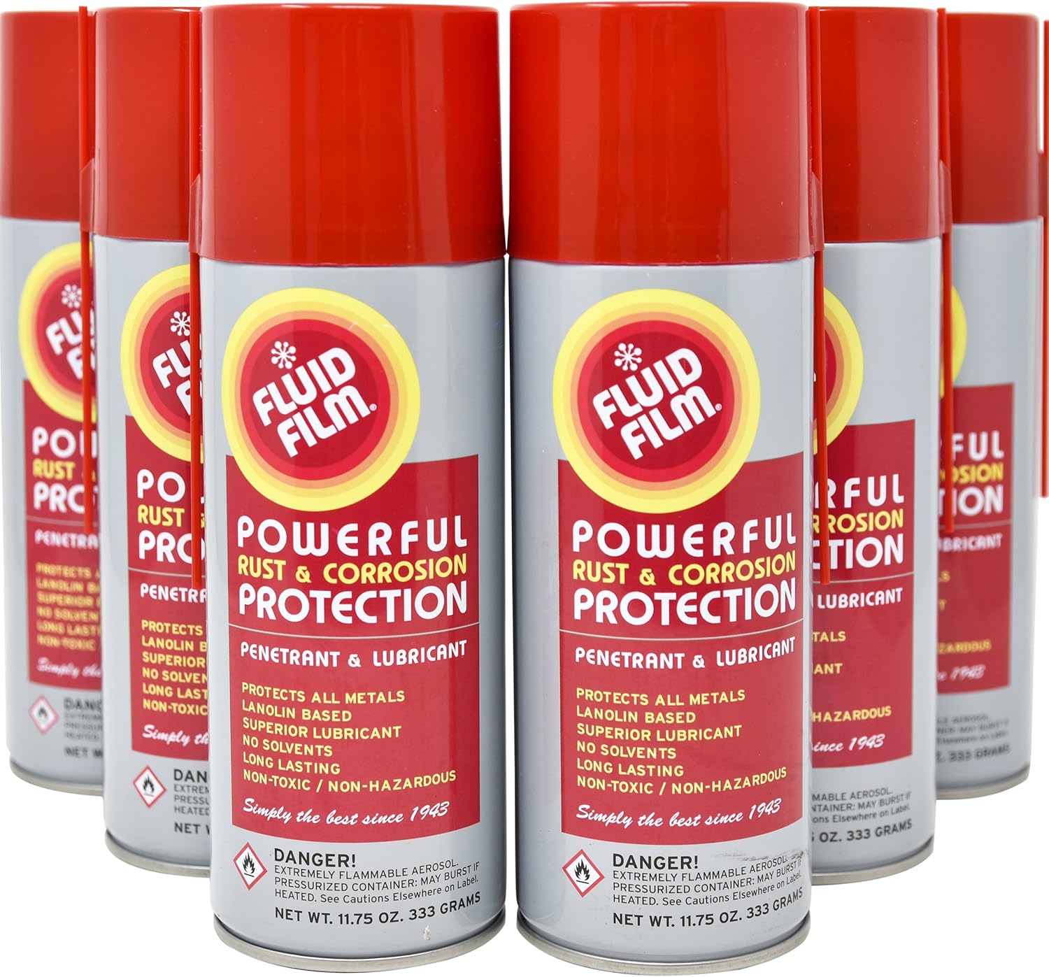 Fluid Film Rust & Corrosion Protection, Metal Surface Penetrant & Lubricant, Marine, Automotive, Industrial, Home, 11.75 Oz Aerosol Spray (Pack of 6)