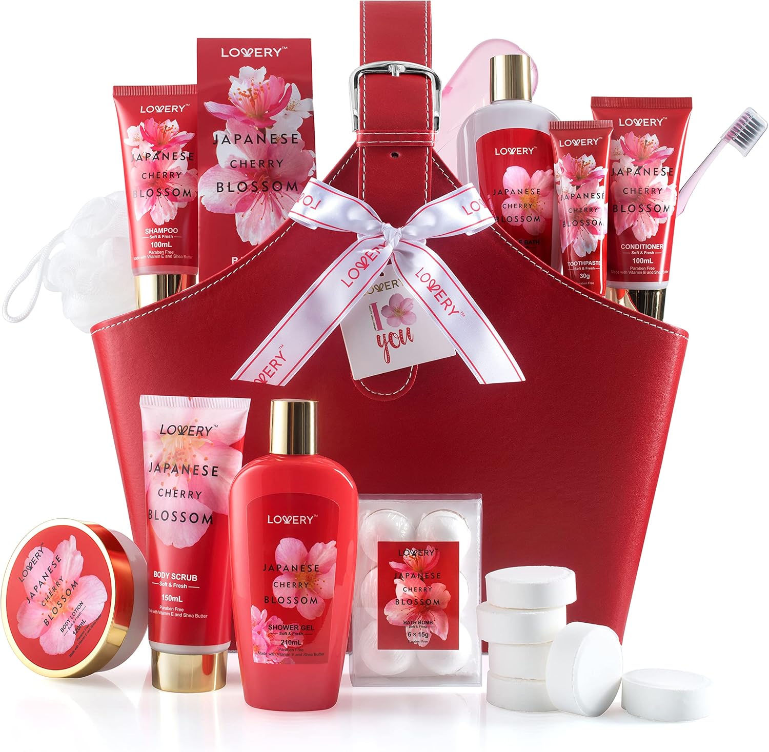 Home Spa Kit Gift Set - Japanese Cherry Blossom Bath Set, 25 Pieces, Shower Gel, Body Lotion, Shower Steamer, Shampoo, Toothpaste & Brush in a Leather Bag, Luxury Bath & Shower Package for Women