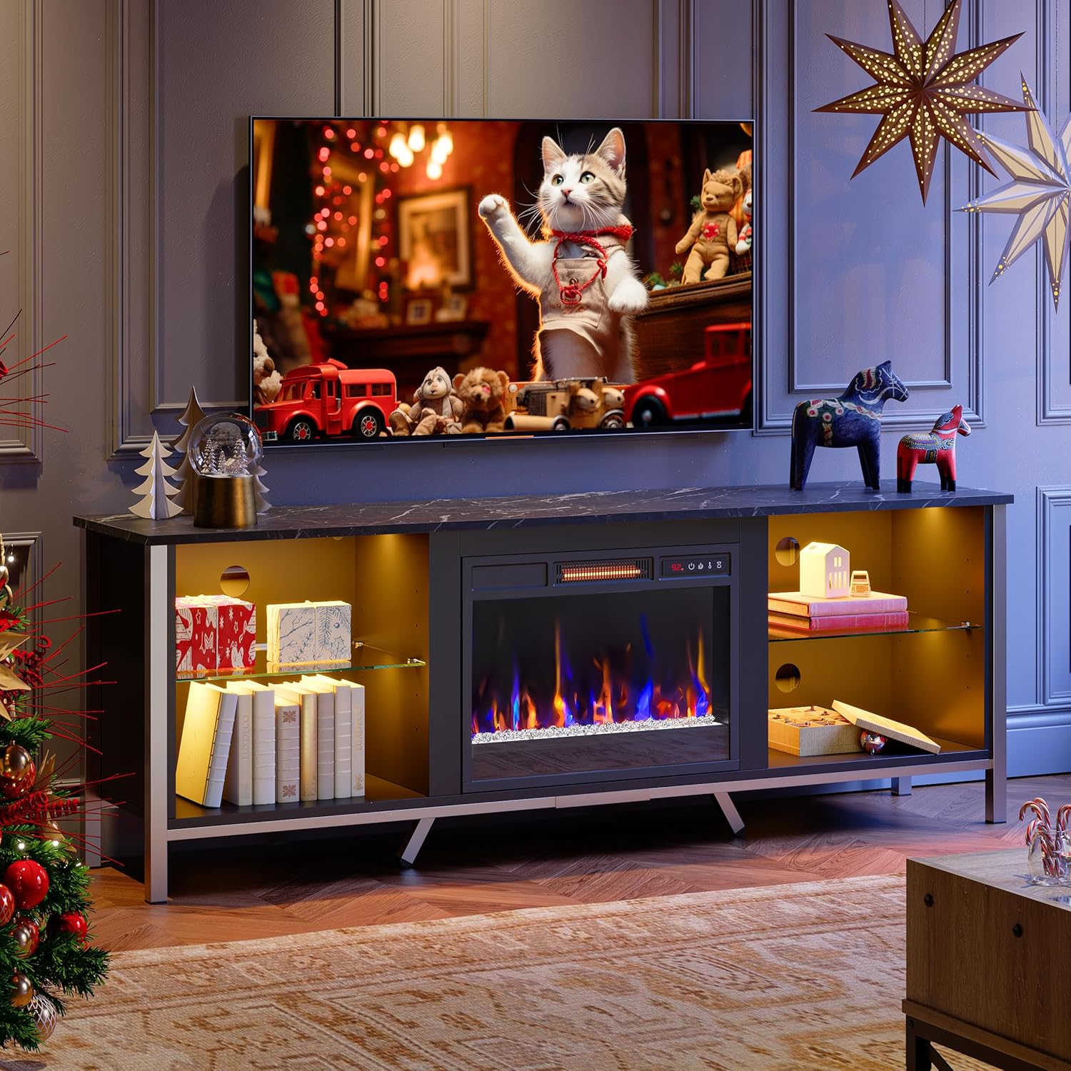 Bestier Fireplace TV Stand for 70/75/80 inch TV, Gaming LED Entertainment Center with 23" Electric Fireplace for PS5, Modern TV Console with Adjustable Glass Shelves for Living Bedroom Black Marble