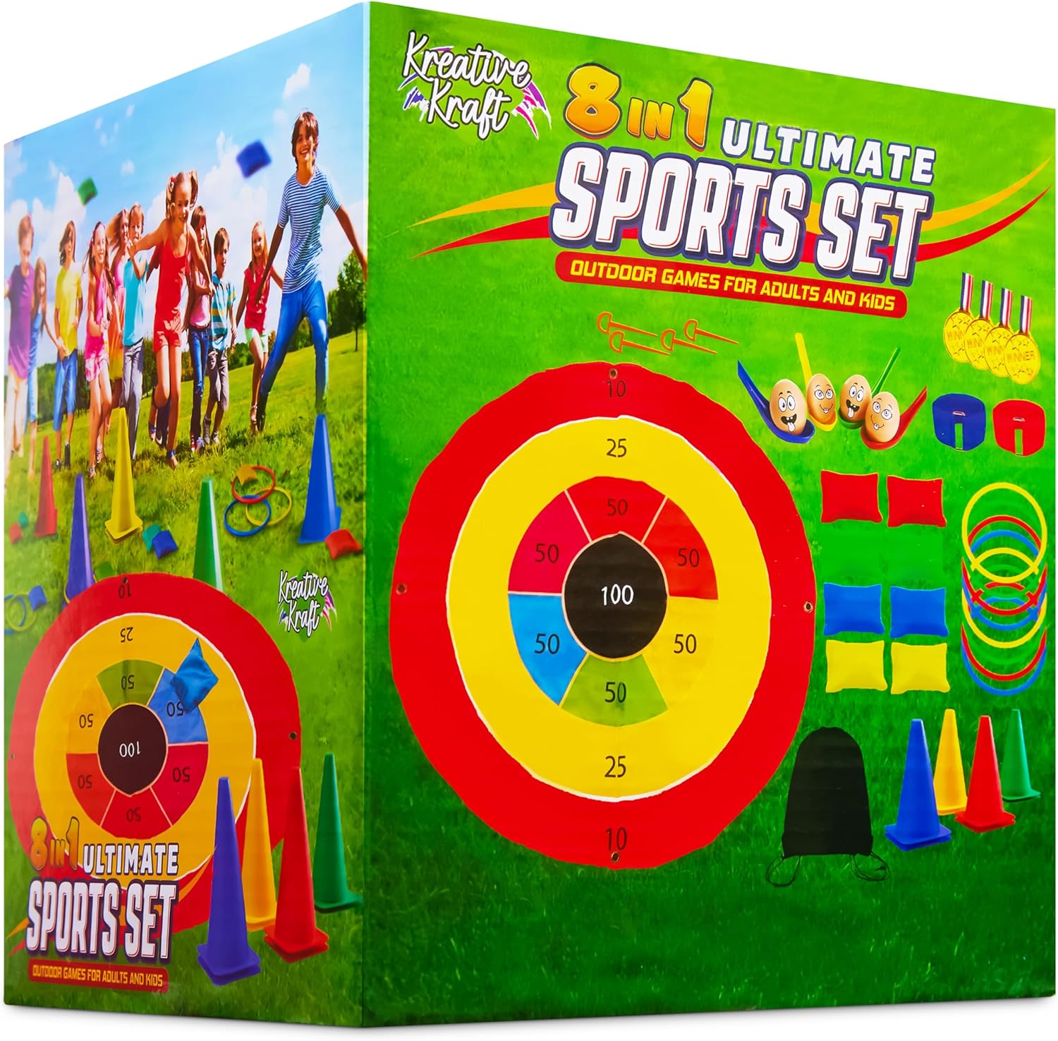 KreativeKraft Kids Games Outdoor Play Equipment for Kids Adults Family Garden Toys Sports Day Kit Egg and Spoon Race Ring Toss Sack Race Bean Bag Snakes and Ladders (8 in 1 Set)