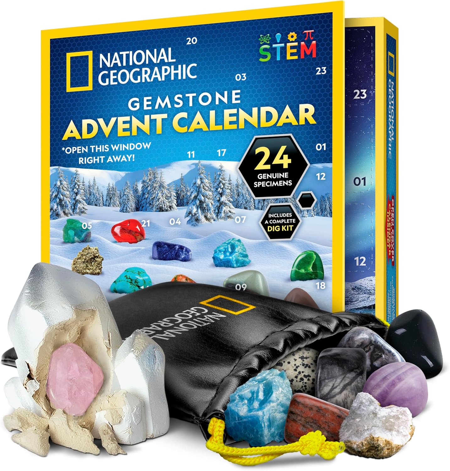 NATIONAL GEOGRAPHIC 2025 Gemstone Advent Calendar - Christmas Countdown Calendar for Kids with 24 Gems, Rock Collection, Mini Gem Dig Kit (English-Only Version)