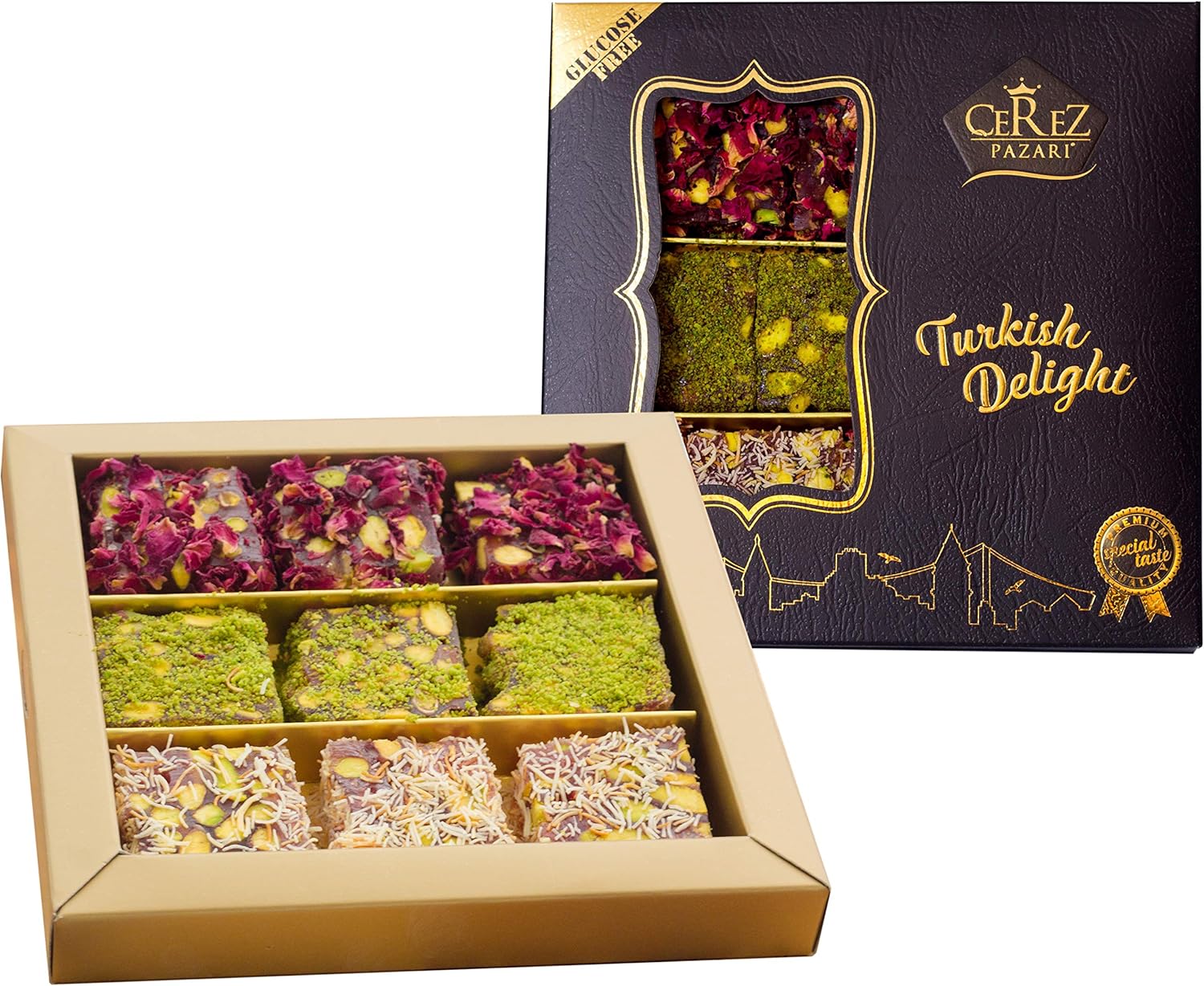 Cerez Pazari Turkish Delight Pistachio with Fantastic Rose & Pomegranate Flavour Experience in Luxury Gift Box 250g | Assorted Gourmet Soft Candy, Sweet Vegan Traditional Lokum (Loukoumi) (9-11 Pcs)