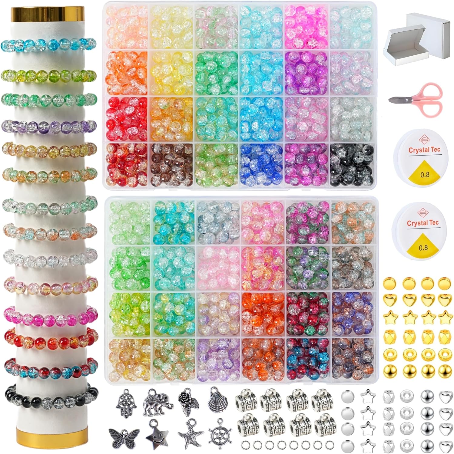 1300PCS 8mm Mixed Crackle Glass Beads for Bracelets Making with Accessories, 48 Colors Crystal Glass Beads Jewelry Making Kit, Round Beads for DIY Bracelet Crafts