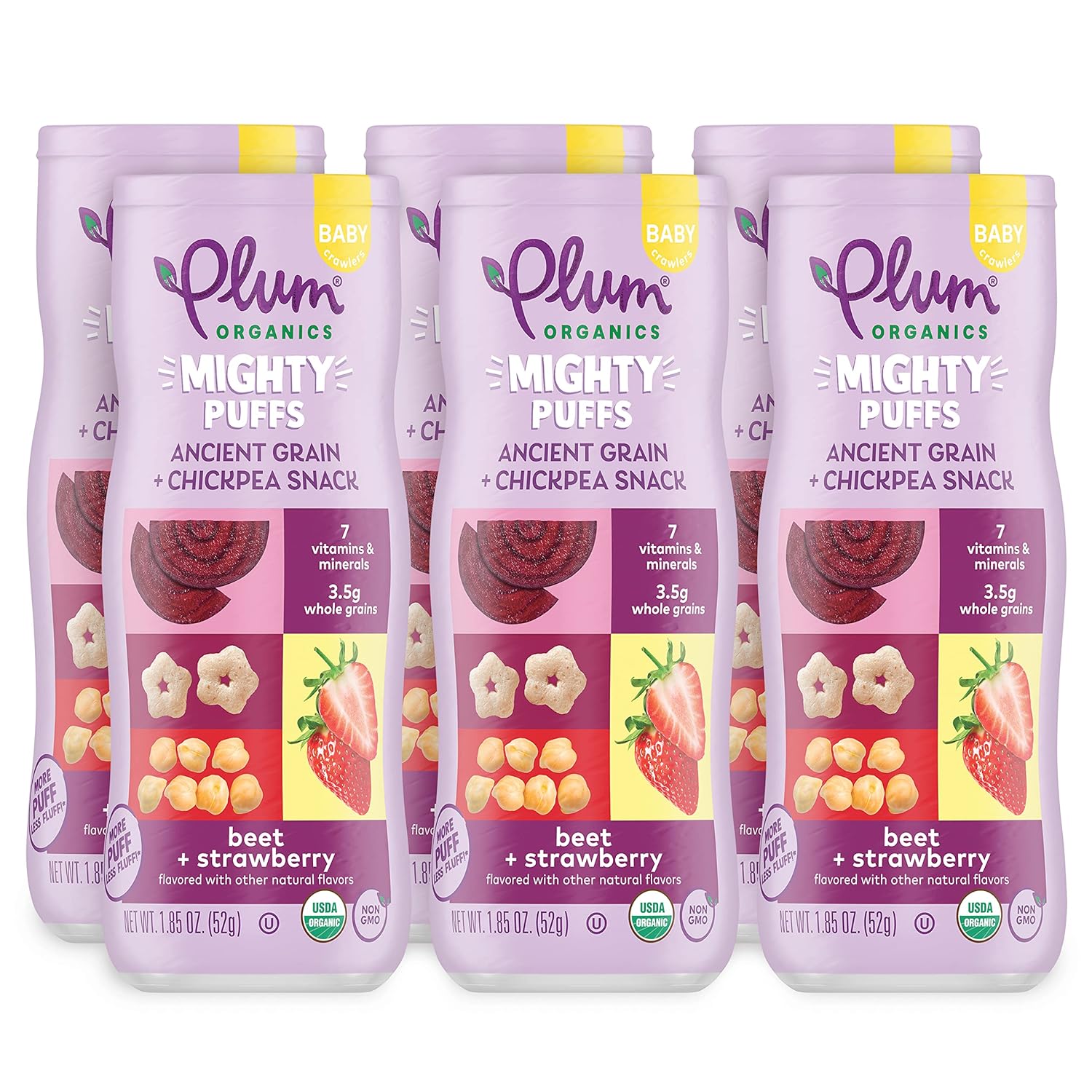 Plum Organics Mighty Puffs Ancient Grain + Chickpea Snack, Beet + Strawberry Flavor, Baby Crawlers, Kosher, USDA Certified Organic, Non-GMO, 1.85 Ounce (Pack of 6)