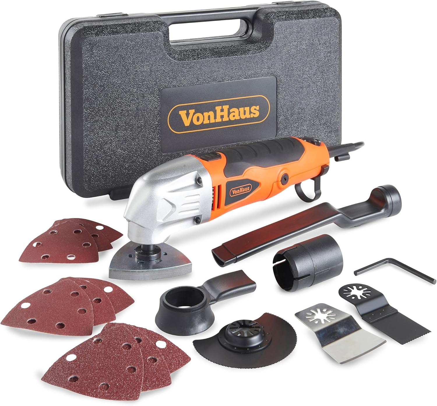 VonHaus 280W Oscillating Multitool - 220-240V Corded Detail Sander, Precision Cutter, Scraper, Grinder - 10,000-21,000 Variable Speed Control - 15pc Accessory Kit with Sanding Pads and Carry Case