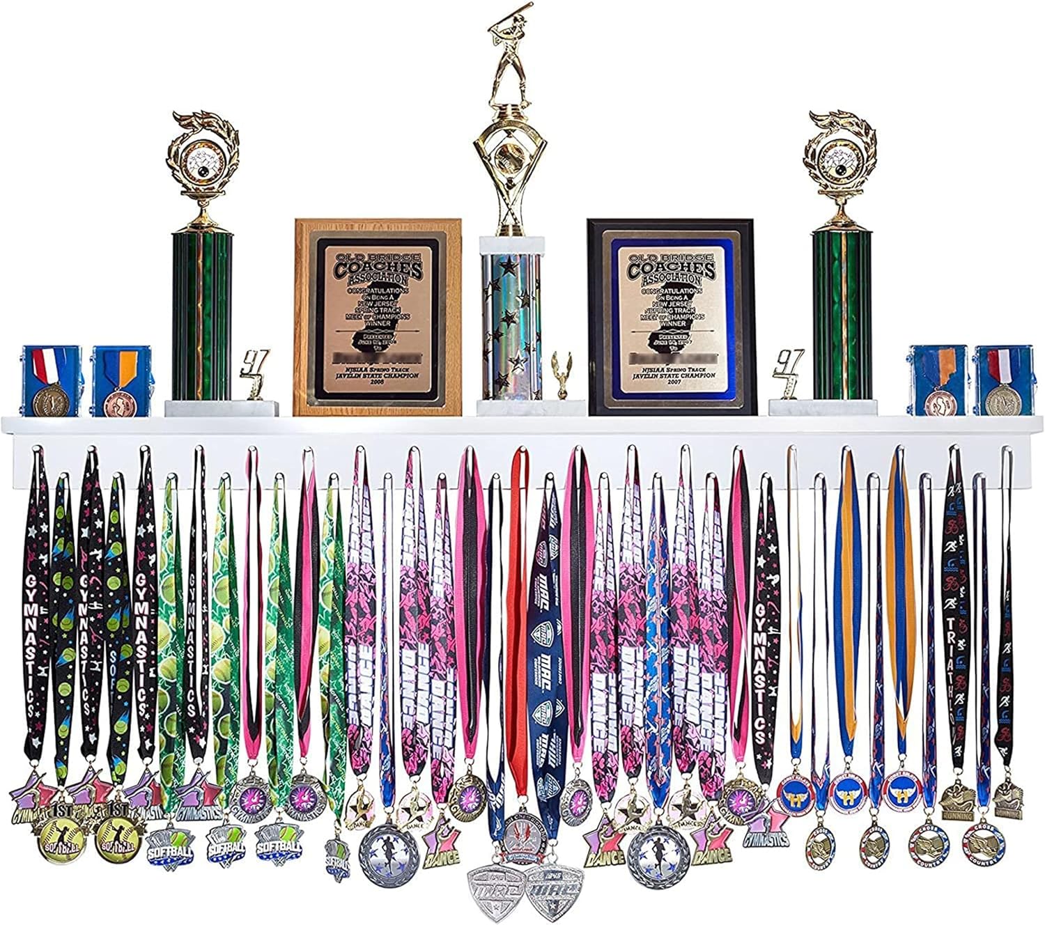 4ft- Medal Awards Rack Premier Medal Hanger Display Rack and Trophy Shelf for Gymnastics, Soccer, Basketball, Football, and More. The Largest Medal and Award Display- 48”