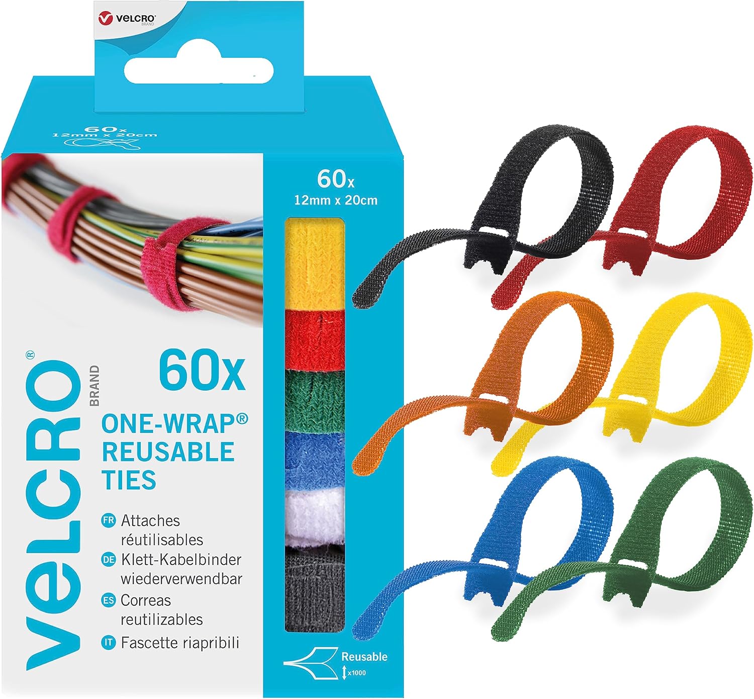 VELCRO Brand | ONE-WRAP | Organiser Hook and Loop Straps| Reusable Assortment Cable Ties for Home & Office Bundling | Multi-Colour | 12mm x 20cm | 60 Pack