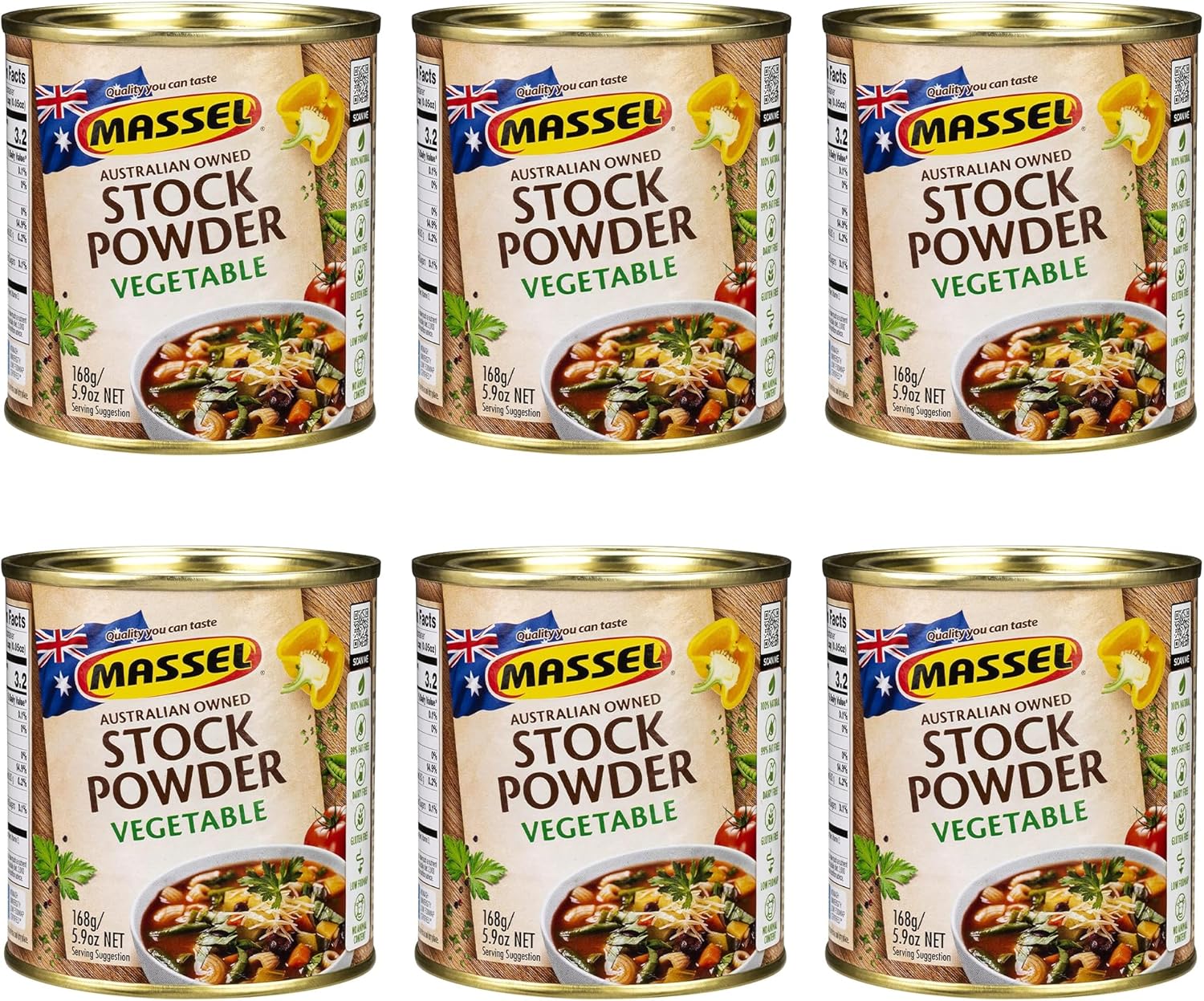 Massel Vegetable Bouillon Powder, Gluten Free, Low Fodmap Stock, Fat Free, MSG Free, Dairy Free, Non GMO, 0g Trans Fat, Soup Base Seasoning For Ramen, Soup, Stew, No Animal Content, 6 Pack, 168g