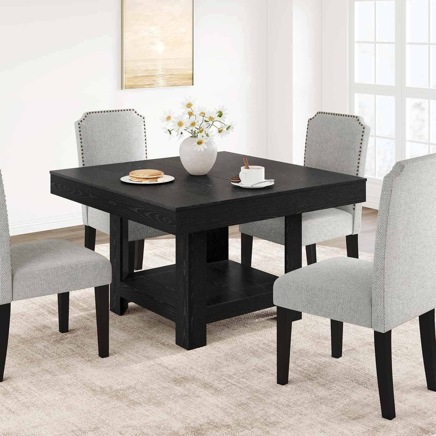 GarveeHome Square Dining Room Table for 4-6 People, Heavy Duty 350Lbs Kitchen Table with 2-Tier Storage, Waterproof Wooden Dinner Table with Sturdy Triangle Legs, Black.