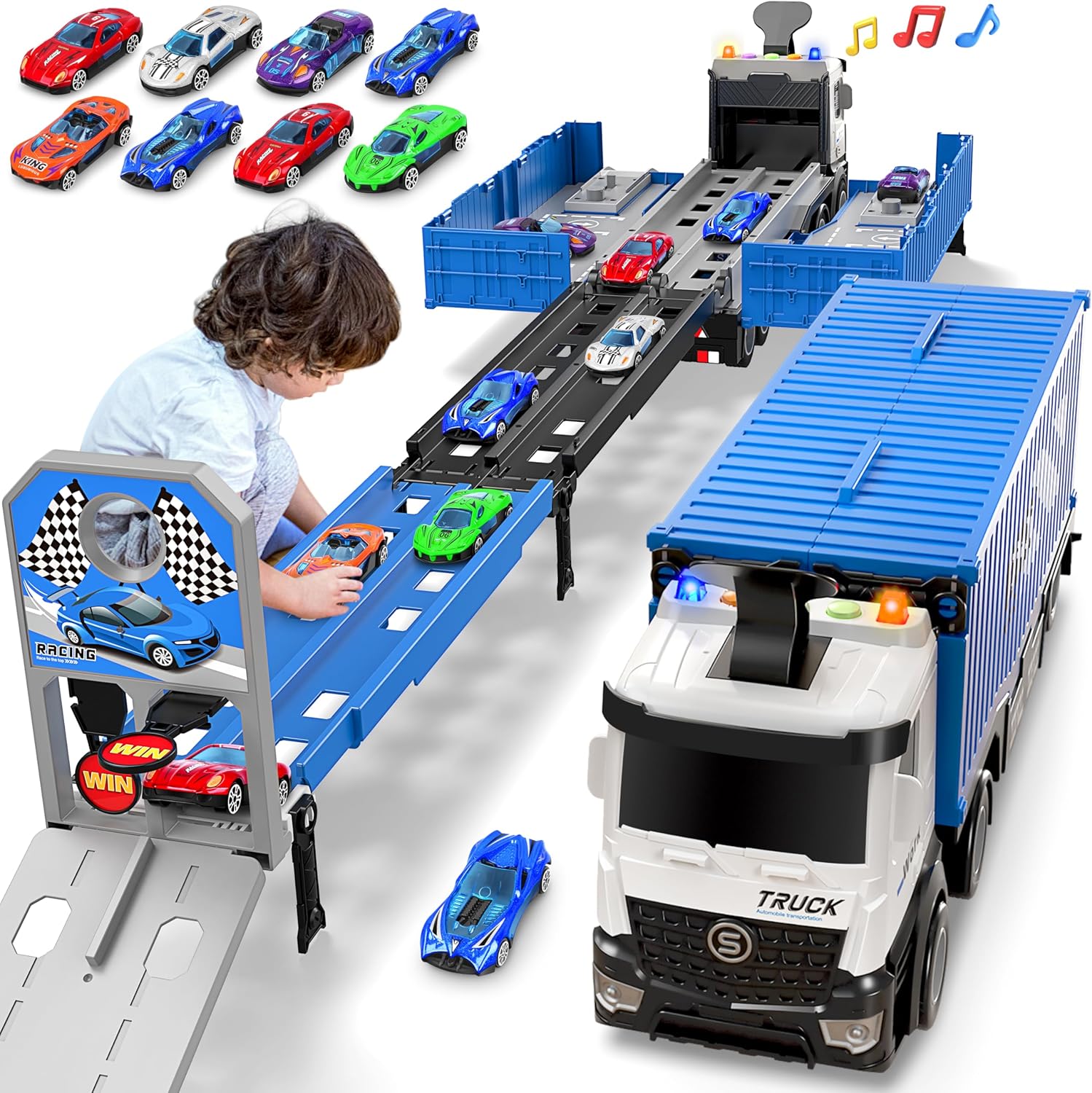 Transport Truck Toys Cars for Boys,Portable Truck Toy with 8 Race Cars,Birthday Gifts Carrier Vehicles Toys Set for Kids Age 3 4 5 6 7 8 9 10-12+ Year Old Boys Girls