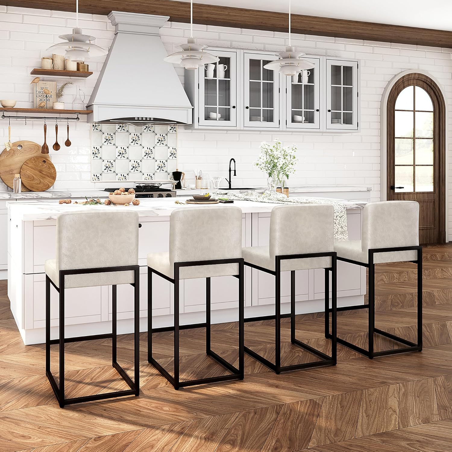 Alpha Home 24 Inch Bar Stools Set of 4, Kitchen Counter Stools with Backs, PU Leather Barstools, Kitchen Stools with Back&Upholstered Footrest, Sturdy Chromed Metal Steel Frame, Light Gray