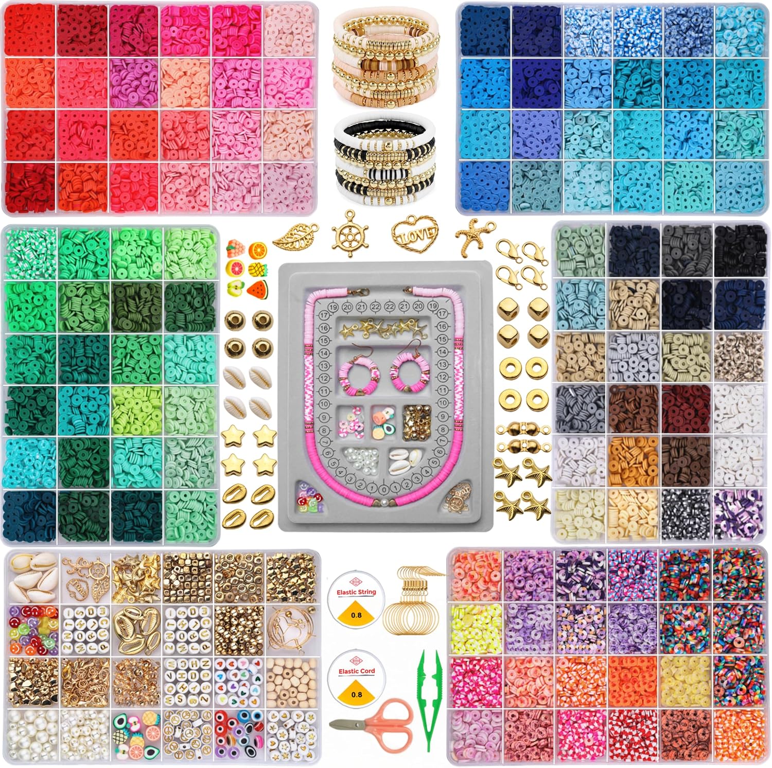 21000 Clay Beads Bracelet Making Kit for Girls 120 Colors 6 boxes Polymer Clay beads for jewelry Making Kit charms beads for bracelets Bead Board Arts and crafts gifts for kids and crafts for adults
