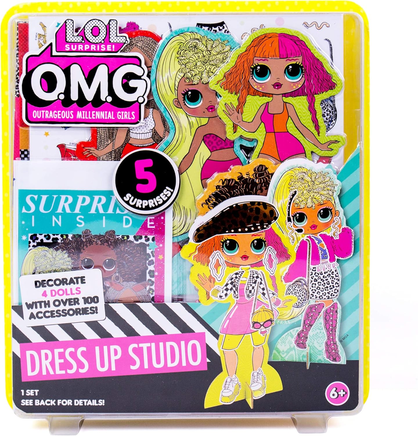 LOL OMG Dress Up Studio by Horizon Group USA, Decorate 4 Dolls with Over 100 Accessories, DIY Fashion Craft Kit, Mix & Match Fabrics & Patterns, Use Gemstones, Stickers & More