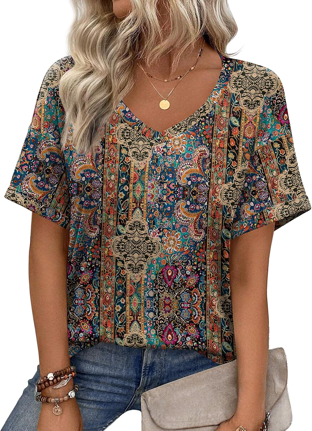 Zeagoo Women's T-Shirts V Neck Short Sleeve Tops Basic Tshirt Summer Casual Tee Shirts Loose Floral Blouse Top