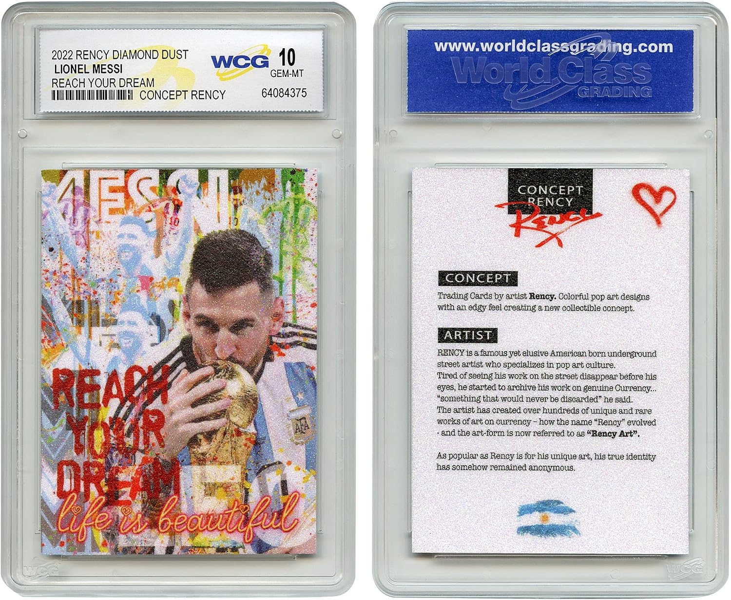 WCG 2022 Lionel Messi Argentina Soccer Champion Diamond Dust Encrusted Rency Trading Card - Graded Gem-Mint 10