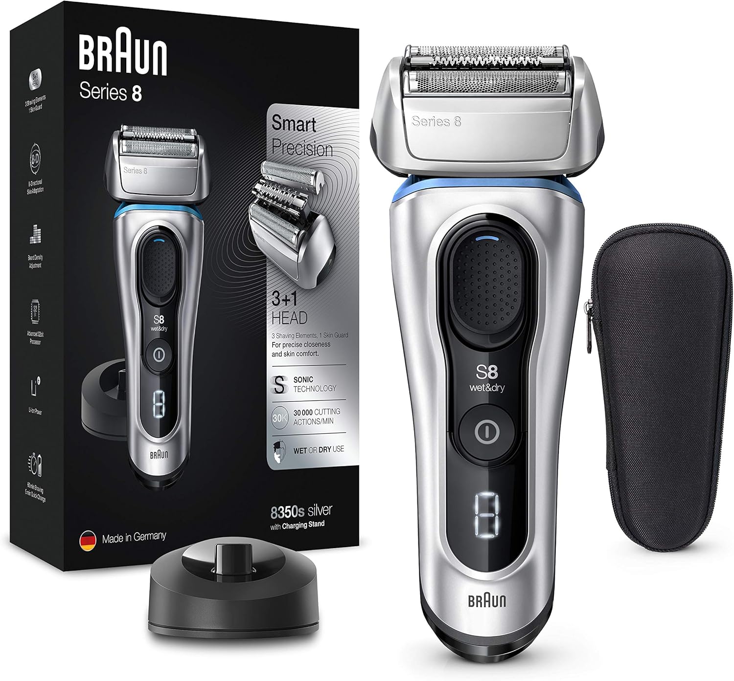 Braun Series 8 Electric Shaver for Men with Precision Trimmer, Charging Stand & Travel Case, Cordless Foil Razor, Wet & Dry, 100% Waterproof, UK 2 Pin Plug, 8350s, Silver Razor