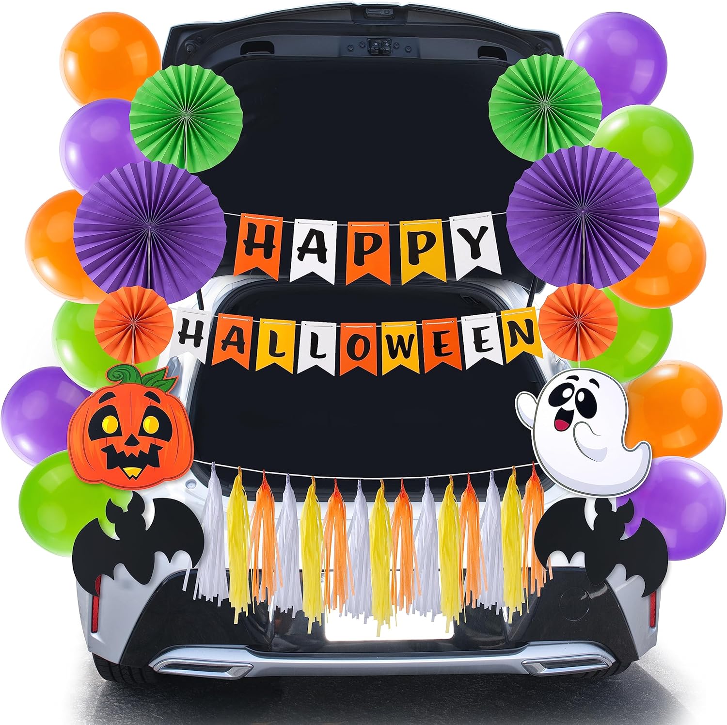 JOYIN Halloween Trunk or Treat Car Decorations Kit with Happy Halloween Themed Design, Car Archway Garage Decoration with Happy Halloween Banner, Paper Fans, Balloons, Tassel and Pumpkin Stickers