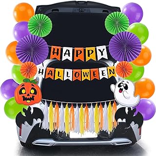 JOYIN Halloween Trunk or Treat Car Decorations Kit with Happy Halloween Themed Design, Car Archway Garage Decoration with Happy Halloween Banner, Paper Fans, Balloons, Tassel and Pumpkin Stickers