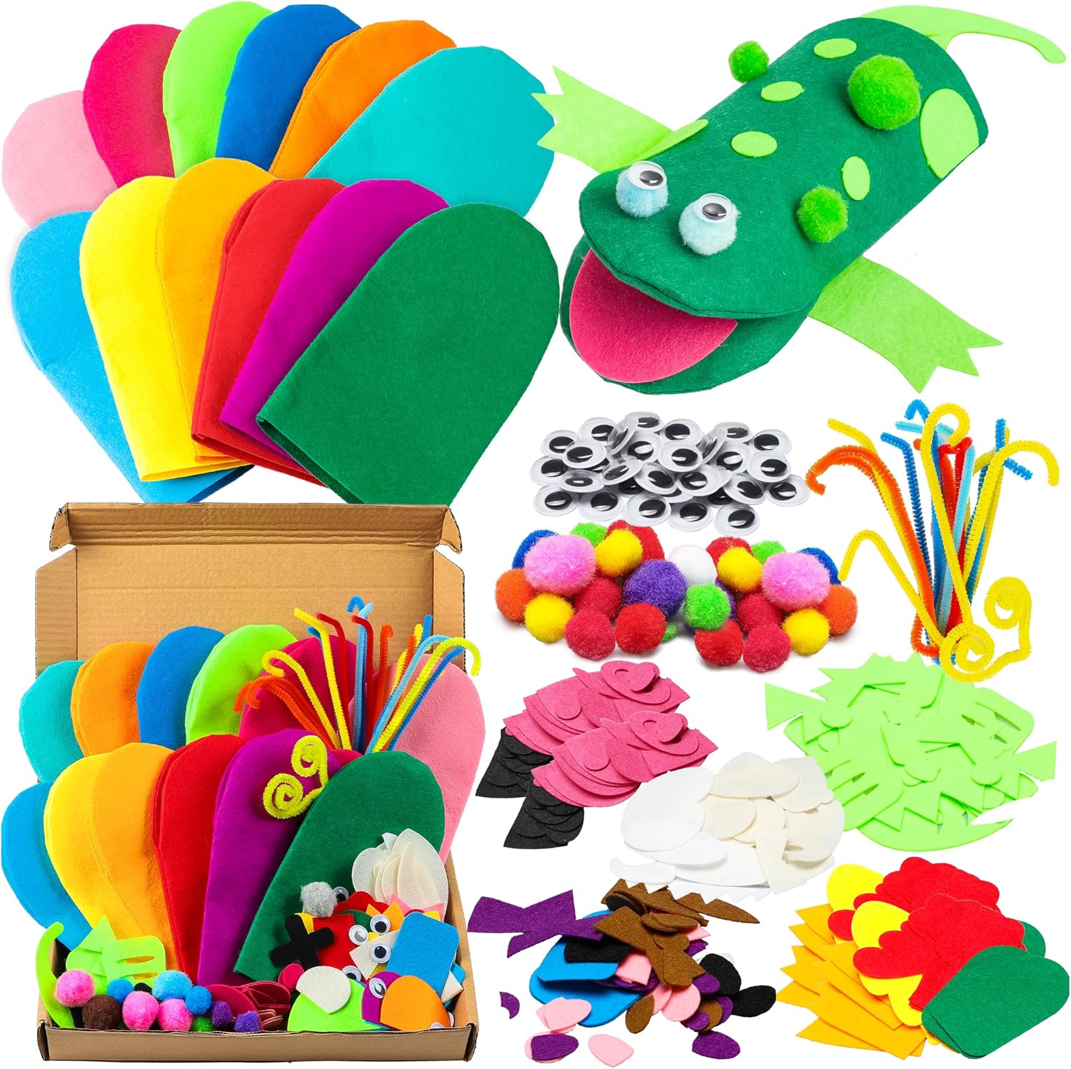 WATINC 12Pcs Hand Puppet Making Kit, Art Craft Felt Sock Puppet Toys, Creative DIY Make Your Own Pompoms Wiggle Googly Eyes Storytelling Role Play Party Supplies Girls Boys Gift (Animals)