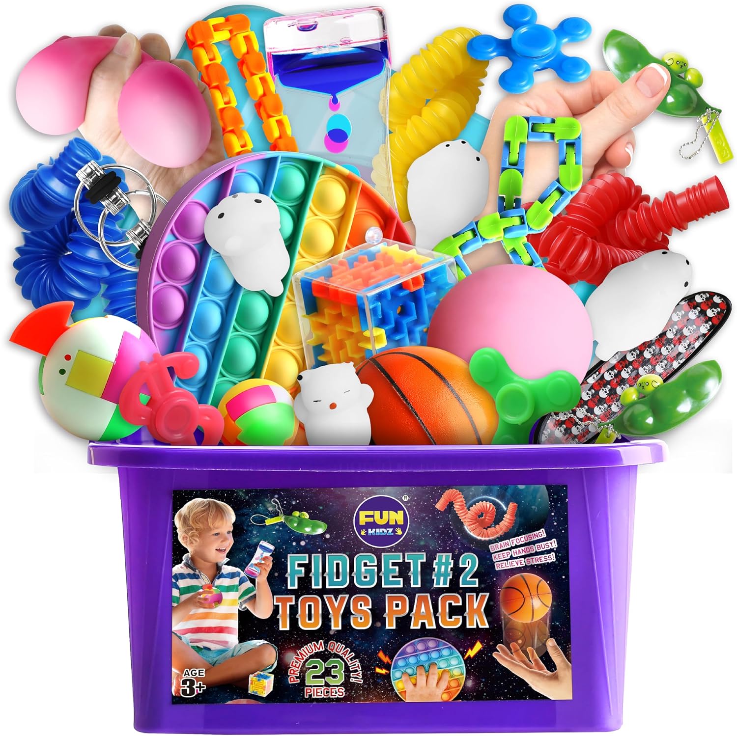 Fidget Pack Box for Boys Girls 4-12, FunKidz Fidget Toys for Kids 5-7 Autistic Sensory Mystery Birthday Gifts in Reusable Portable Treasure Box Nice Party Favors