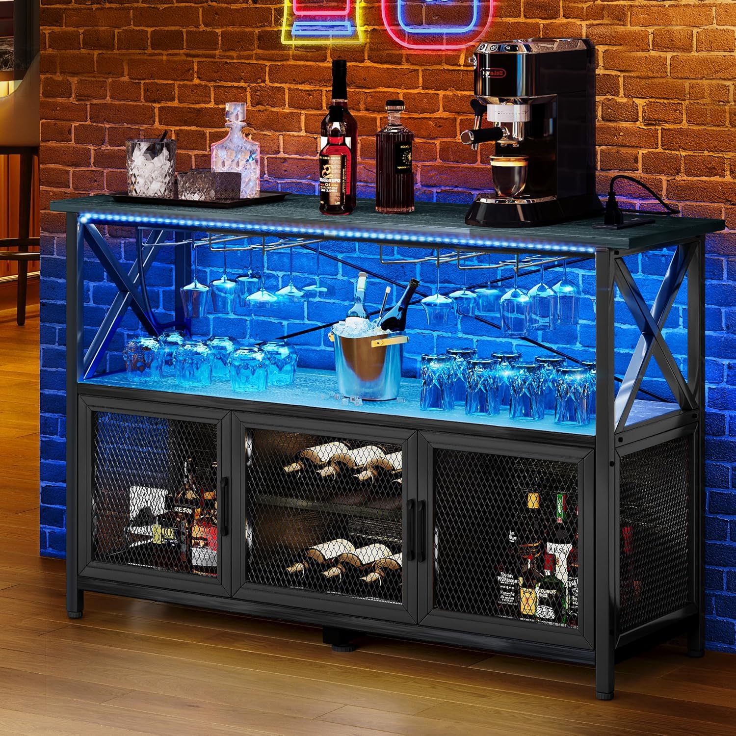 YITAHOME 55" Bar Cabinet with LED Lights, Wine Cabinet with Power Outlet, Bar Table Stand with Wine Rack, Storage Cabinets, Adjustable Shelf, Black Oak