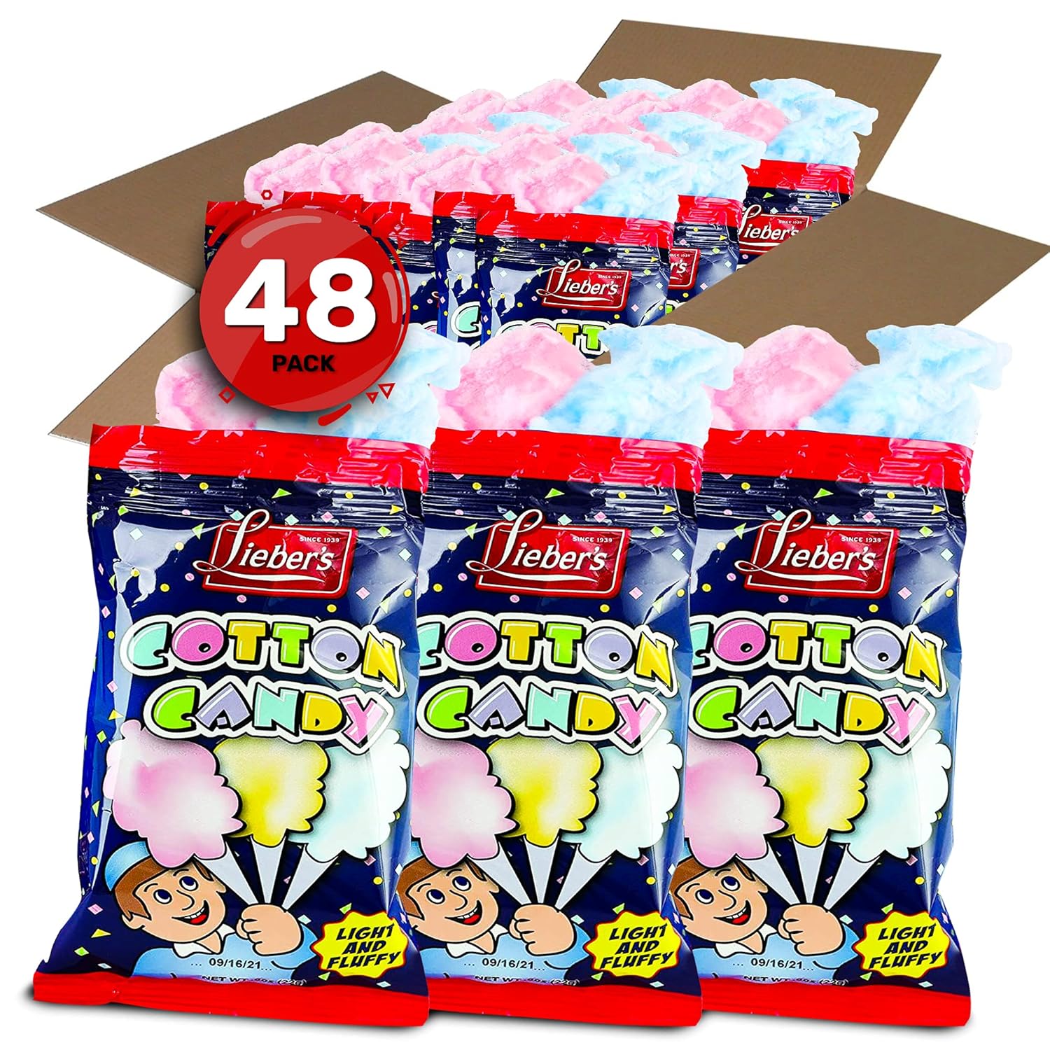 Lieber's Cotton Candy | 48 Pack of Light & Fluffy Vintage Candy | Blue & Red Carnival Birthday Party Favors Treats Supplies for Kids, Kosher | 0.8 Ounce Bags (48 Pack)
