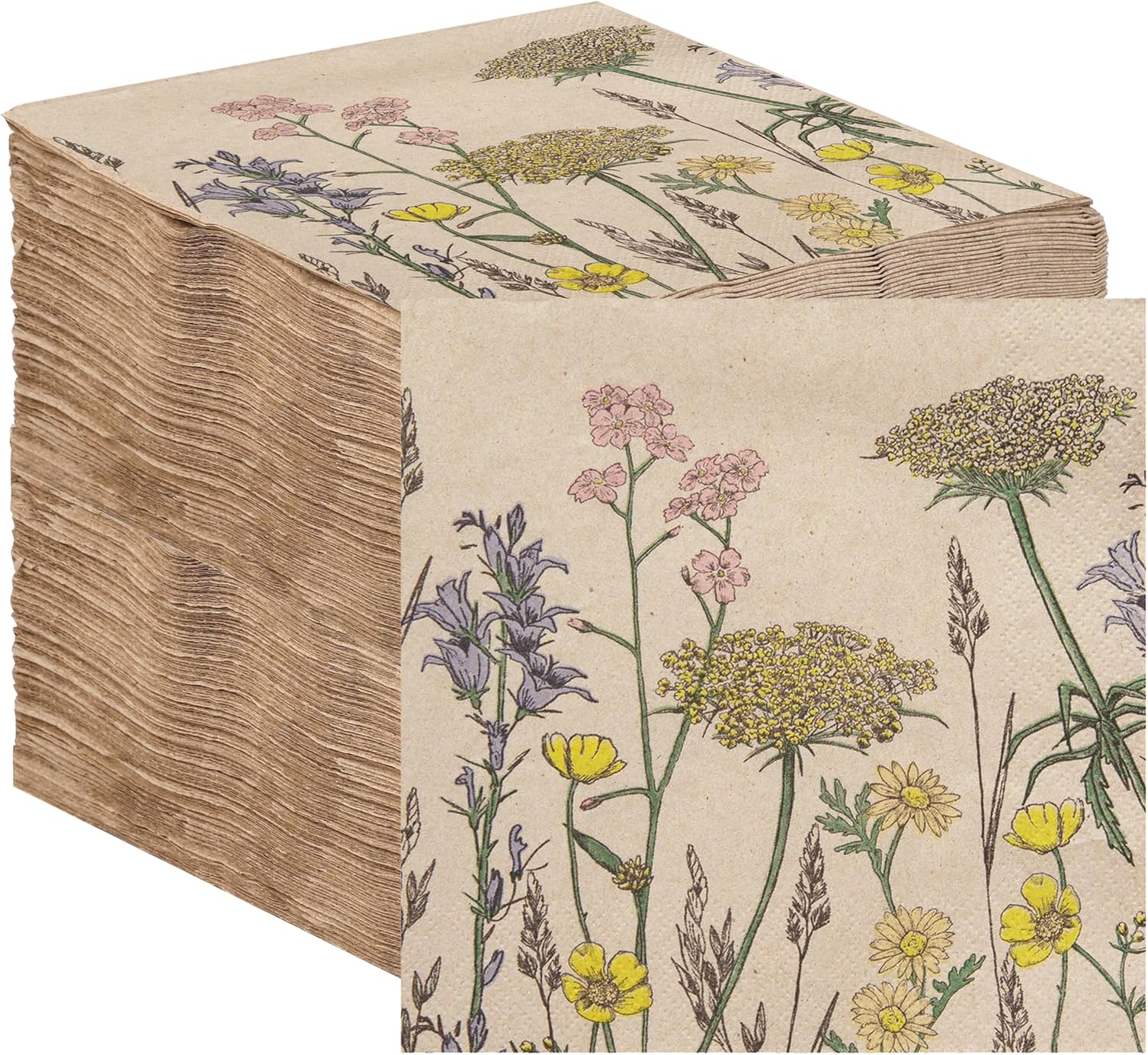 Table Kind 100 Bulk Pack Soft Recycled Paper Napkins, Floral Disposable Party Serviettes for Weddings or Everyday, Eco-Friendly, Kraft Unbleached Home Compostable Recyclable Made in EU, 2ply, 33cm