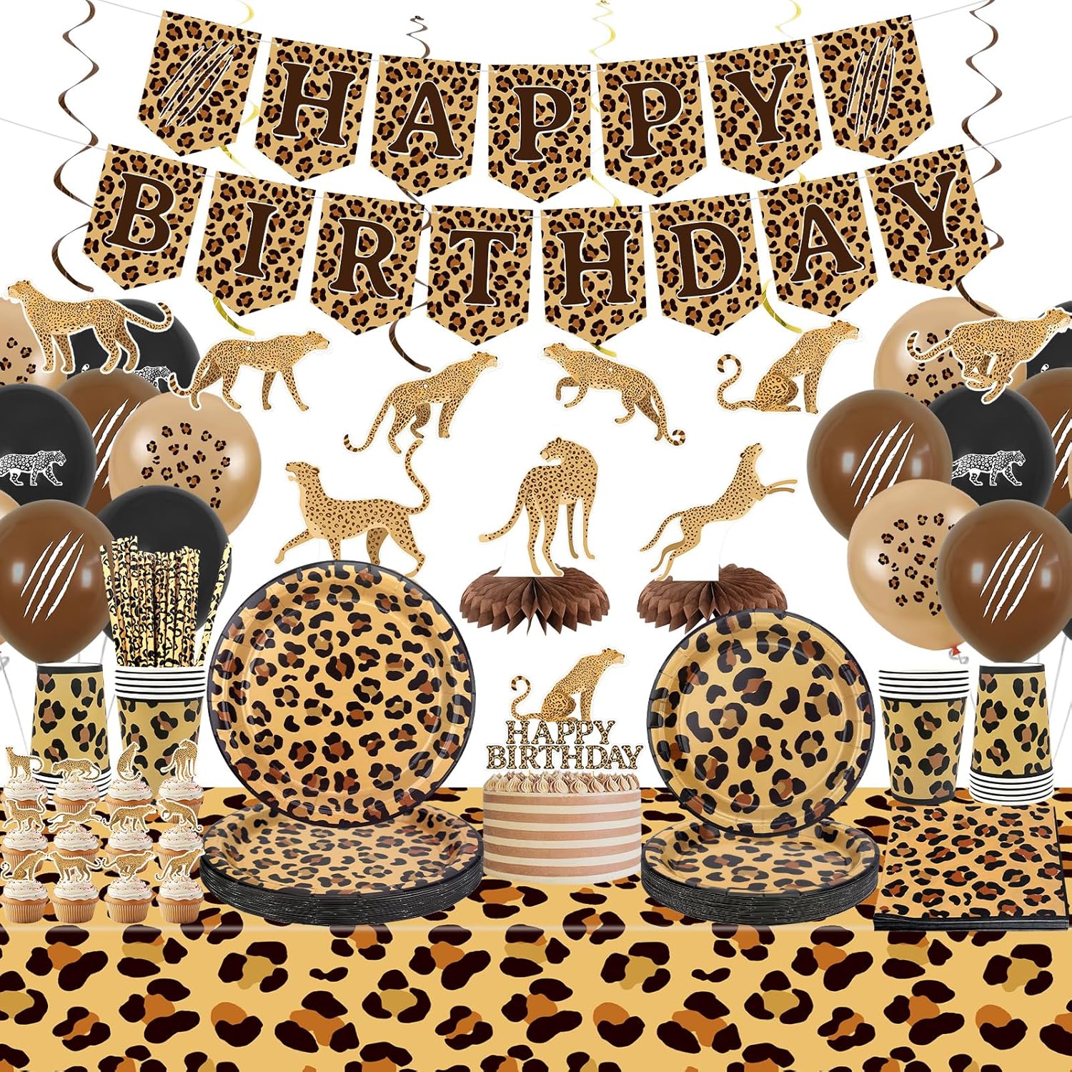 Cheetah Birthday Decorations Leopard Print Party Supplies Including Happy Birthday Banner Cake Toppers Hanging Swirls Tableware Tablecloth Balloons for Jungle Safari Print Party Baby Shower Serves 20