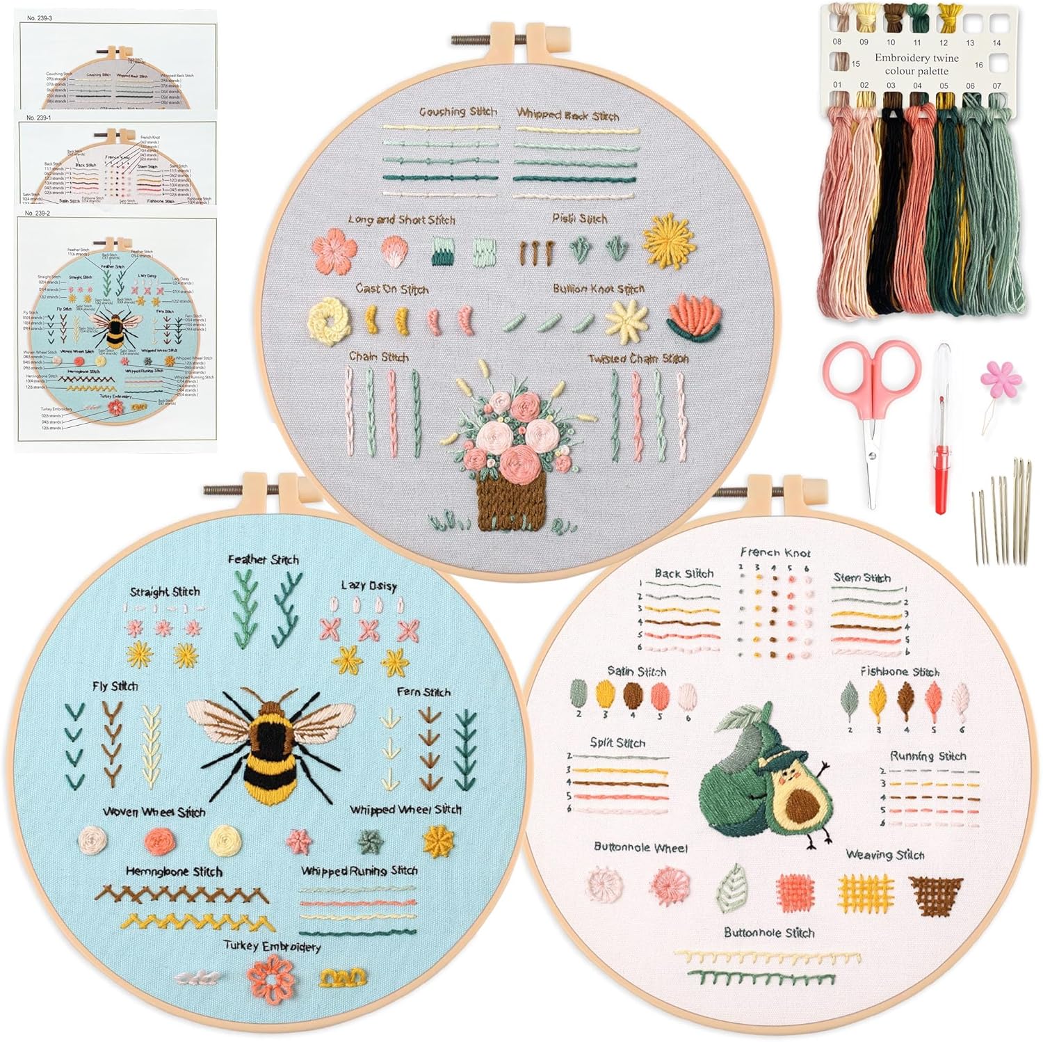 Myfelicity 3 Embroidery kit for Beginners, Embroidery Starter Kits to Learn 28 Different Stitches, Including Fabric with Prints, Threads, Needles, Hoop and Video tutorials…