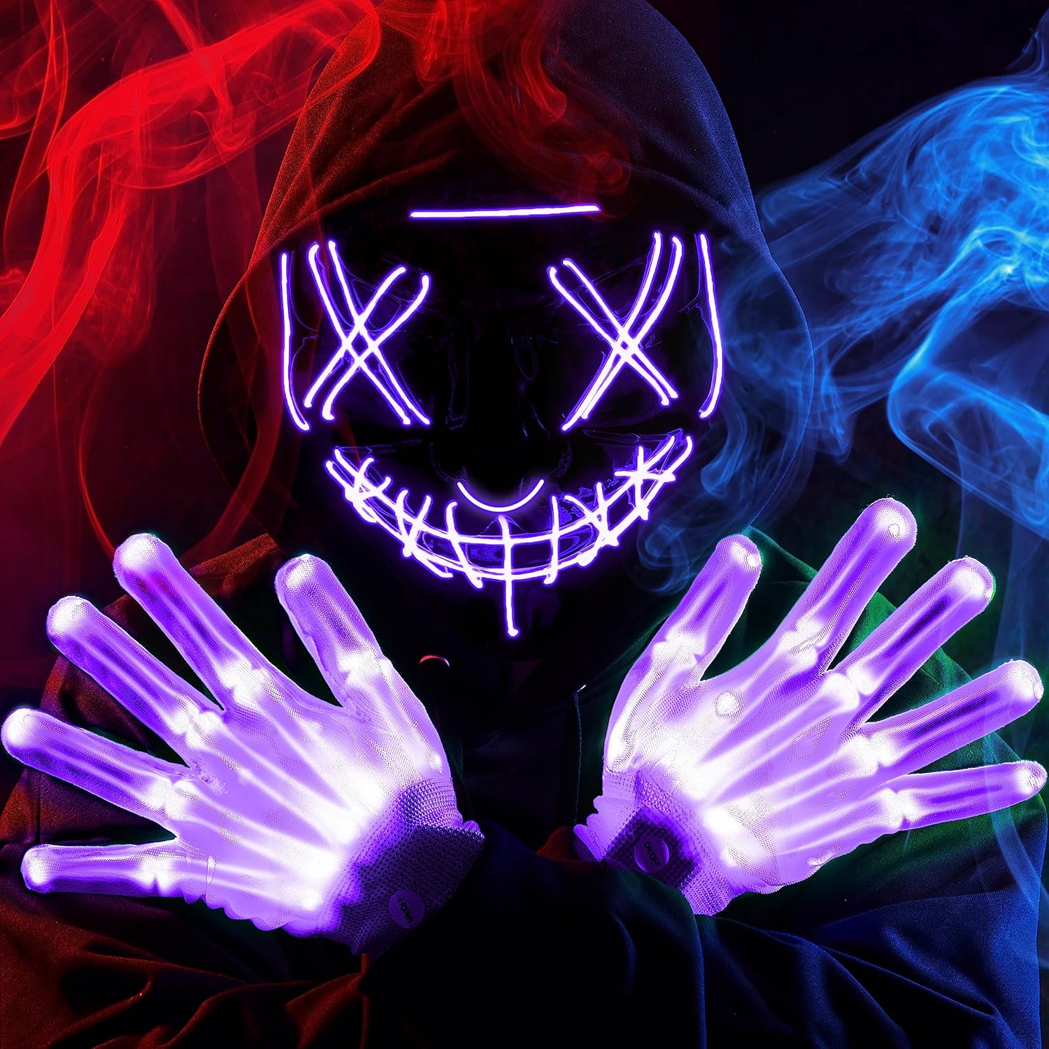 JOYIN Halloween Led Mask Light Up Scary Mask and Gloves for Cosplay Costume (Purple), 3 Modes Glow in The Dark Mask for Boys Girls