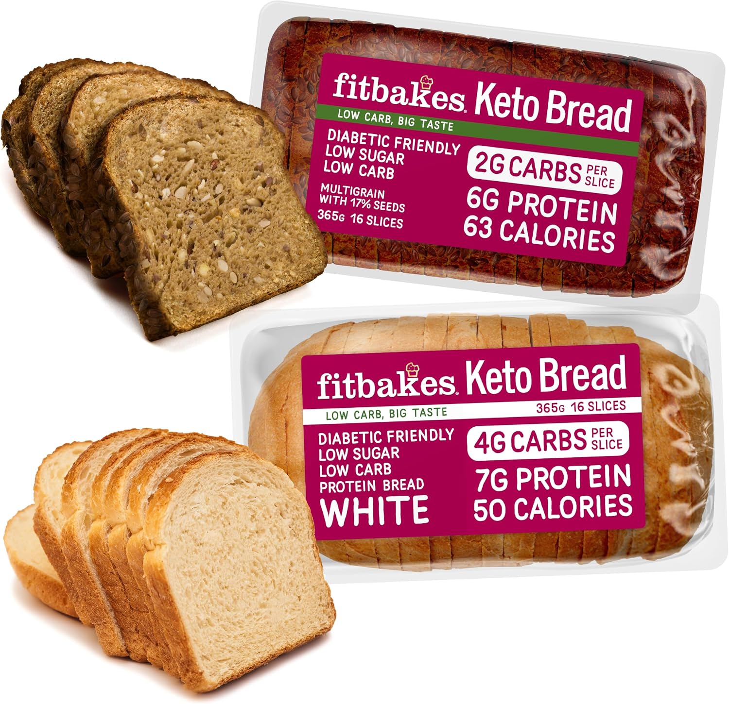 Fit bakes Keto Bread White & Multi Seeded 2 Pack Bundle : Low Carb Bread, 2g Carbs Per Slice, Protein Snacks, 1 White & 1 Wholegrain Protein Bread Loaves, Multi Seeded Loaf, Fitbakes