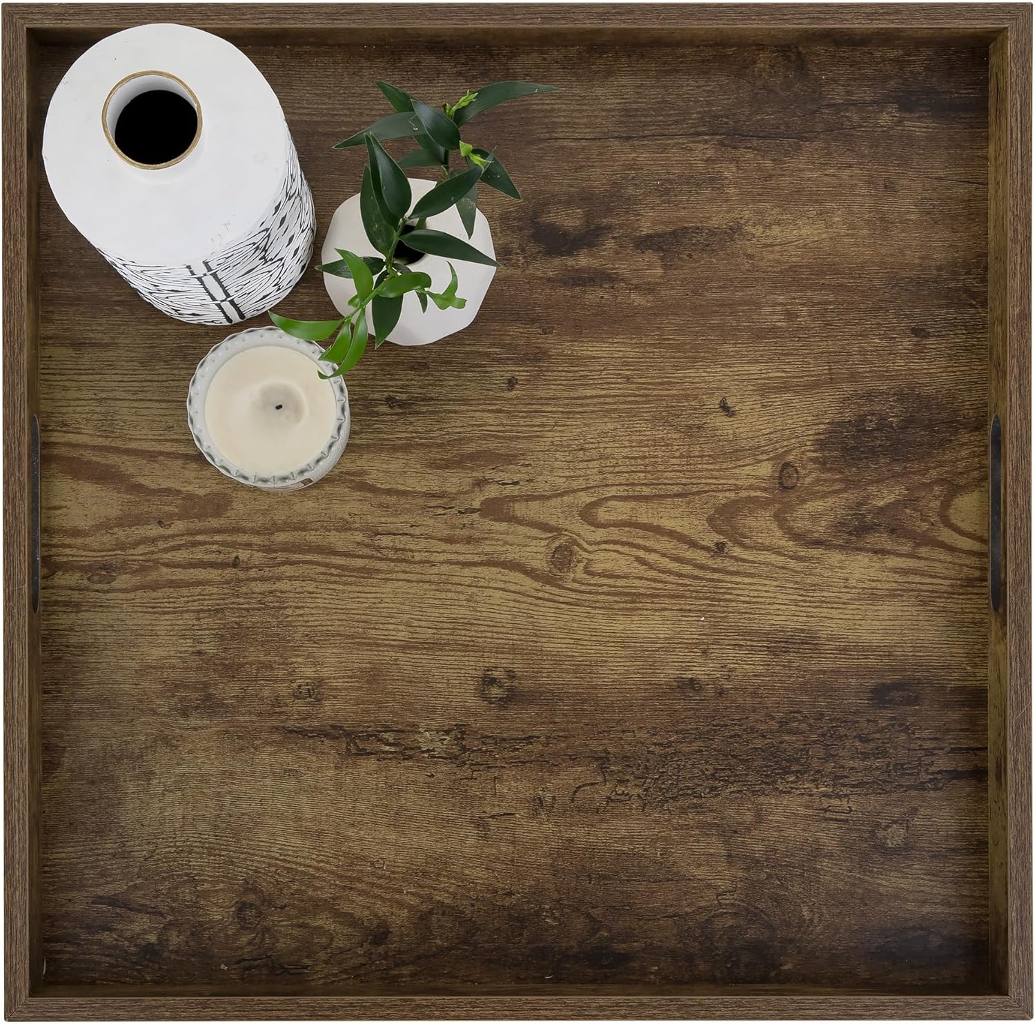 Hanobe Serving Tray Ottoman Large: Decorative Wooden Trays with Handles for Coffee Table - Vintage Brown Square Wood Platter over Footstool Living Room Decor Display Extra 50 cm