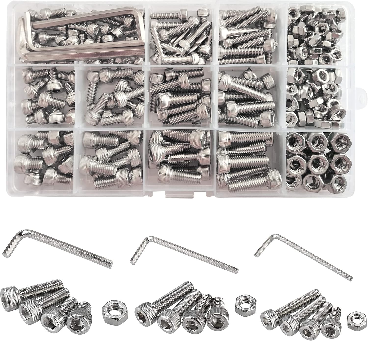 WeqeYent 267 Pcs M4 M5 M6 Hex Socket Bolts Screws Bolt Nut Assortment Kit, 304 Stainless Steel with 3 Sizes Wrenches Head Drive Machine Screws Bolts and Nuts Set