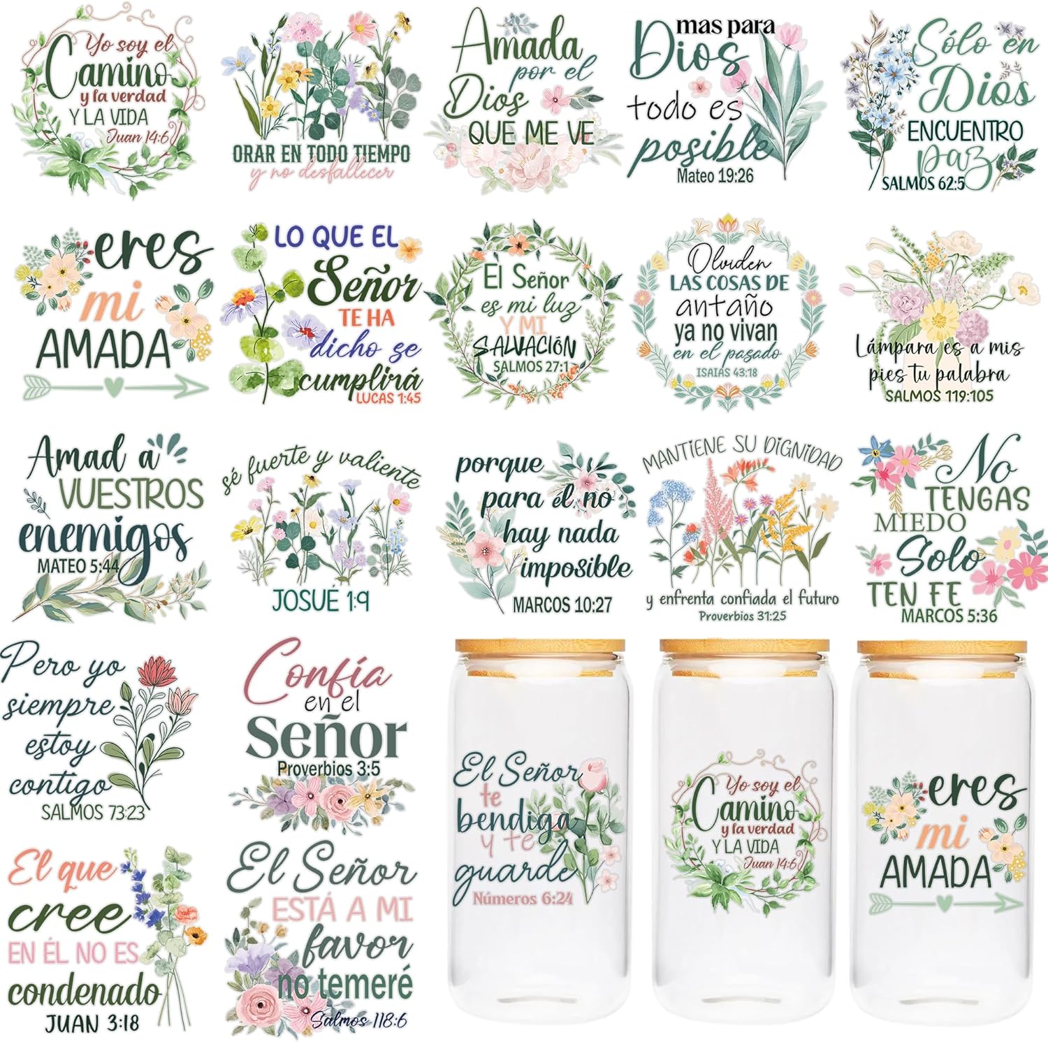 CRASHOT UV DTF Cup Wraps - 20 Sheet Spanish Bible UV DTF Transfer Stickers, Christian UVDTF Cup Wraps for Mug Glass, Floral Waterproof Transfer Sticker, Creative DIY Gifts