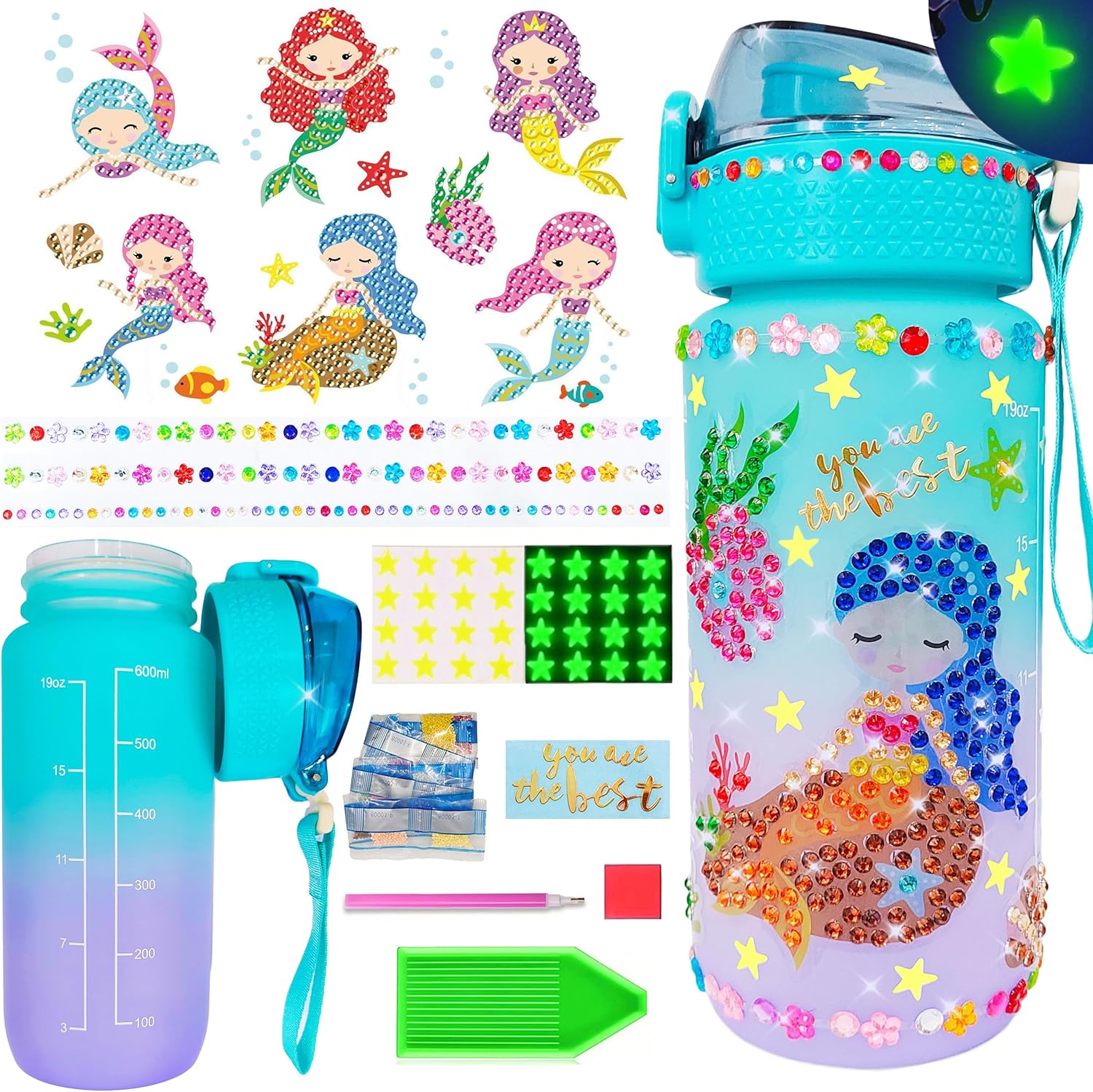 Wbesty Decorate Your Own Water Bottle Kits for Girls Age 4-12, Mermaids Diamond Painting with Star Glow in The Dark, Arts and Crafts Gifts for Girls Birthday Christmas Gift(Mermaid)