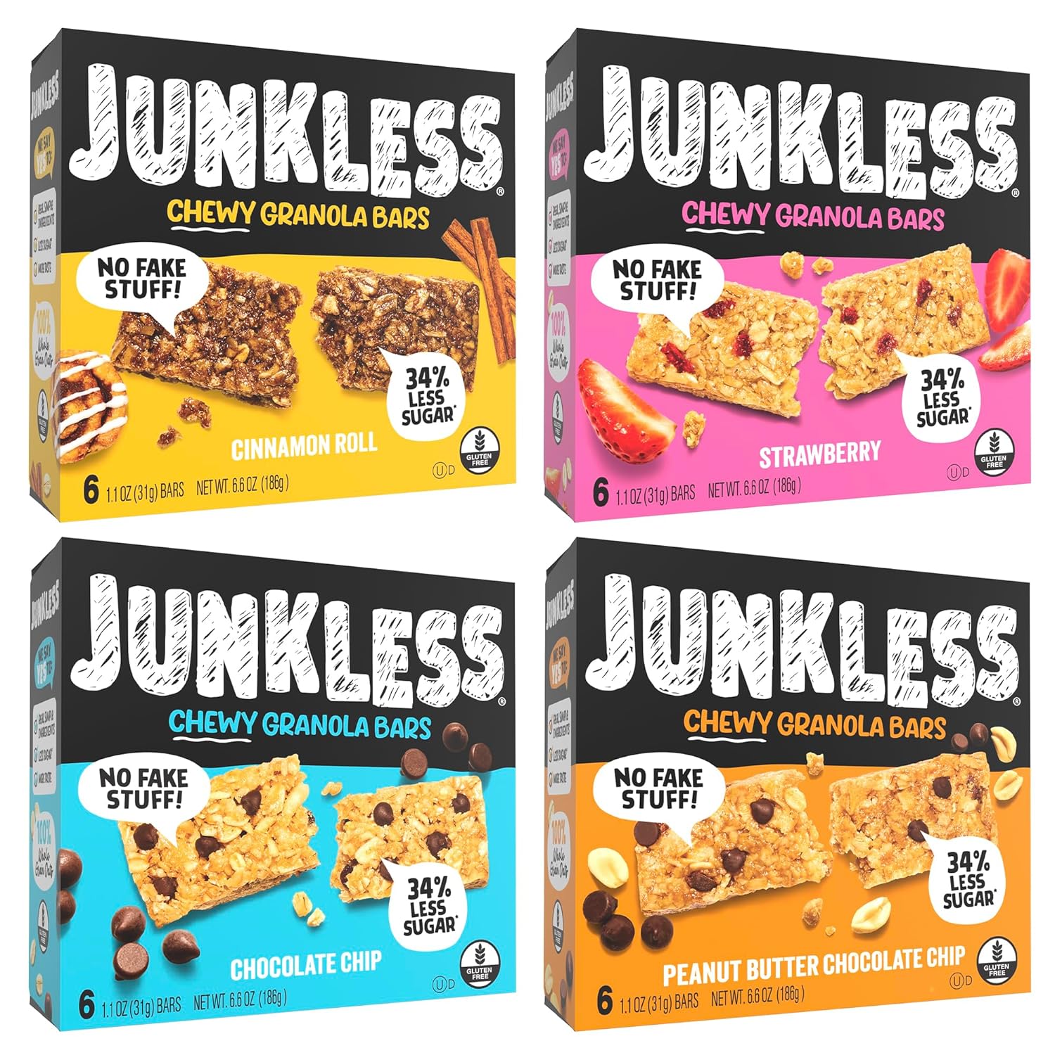 JUNKLESS Chewy Granola Bar 4‑Flavor Variety Pack (24 Bars)–Non‑GMO, Gluten‑Free, Less Sugar Snack Bars— Chocolate Chip, Peanut Butter Chocolate Chip, Cinnamon Roll & Real Strawberry, 4 Boxes