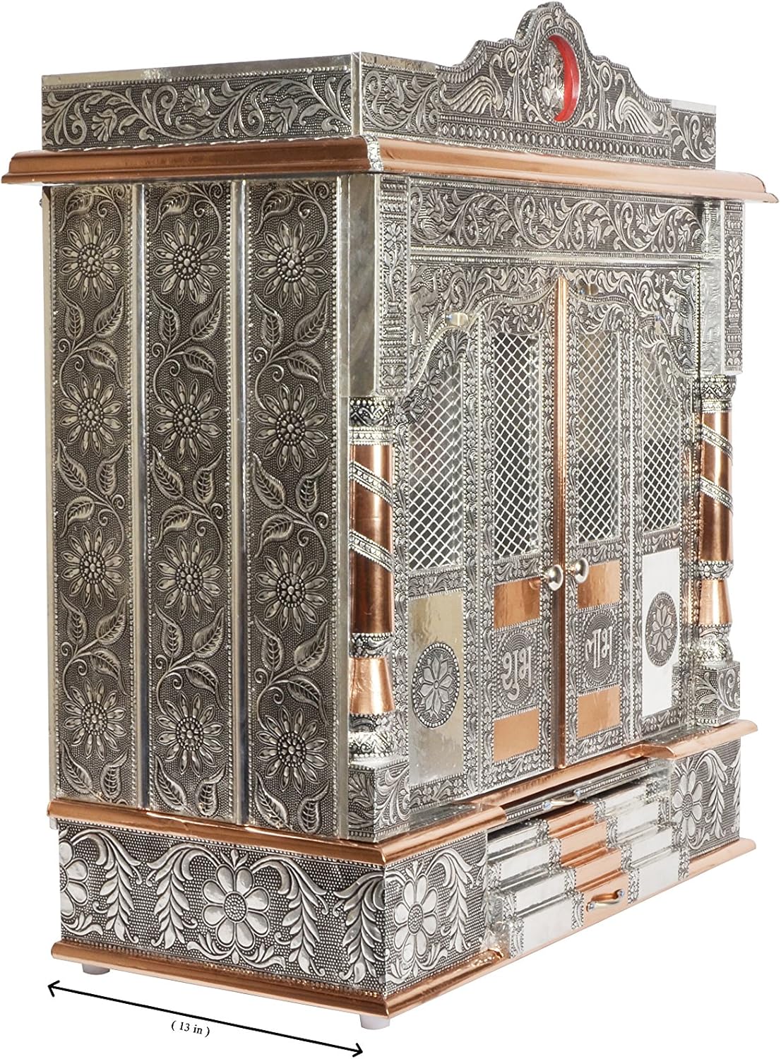 Aakrati Pooja Mandir for Home (Indian Hindu Temple for House) 26" Step Door Puja Mandir Silver Platted Wooden Temple Altar