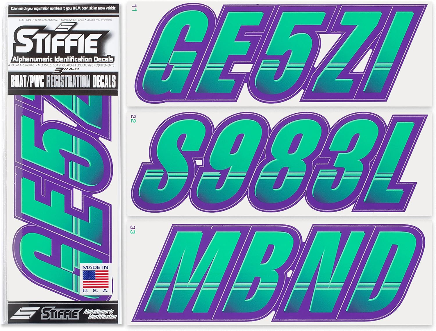 STIFFIE Techtron Seafoam Green/Purple 3" Boat & PWC Registration Decals • Numbers Letters Stickers