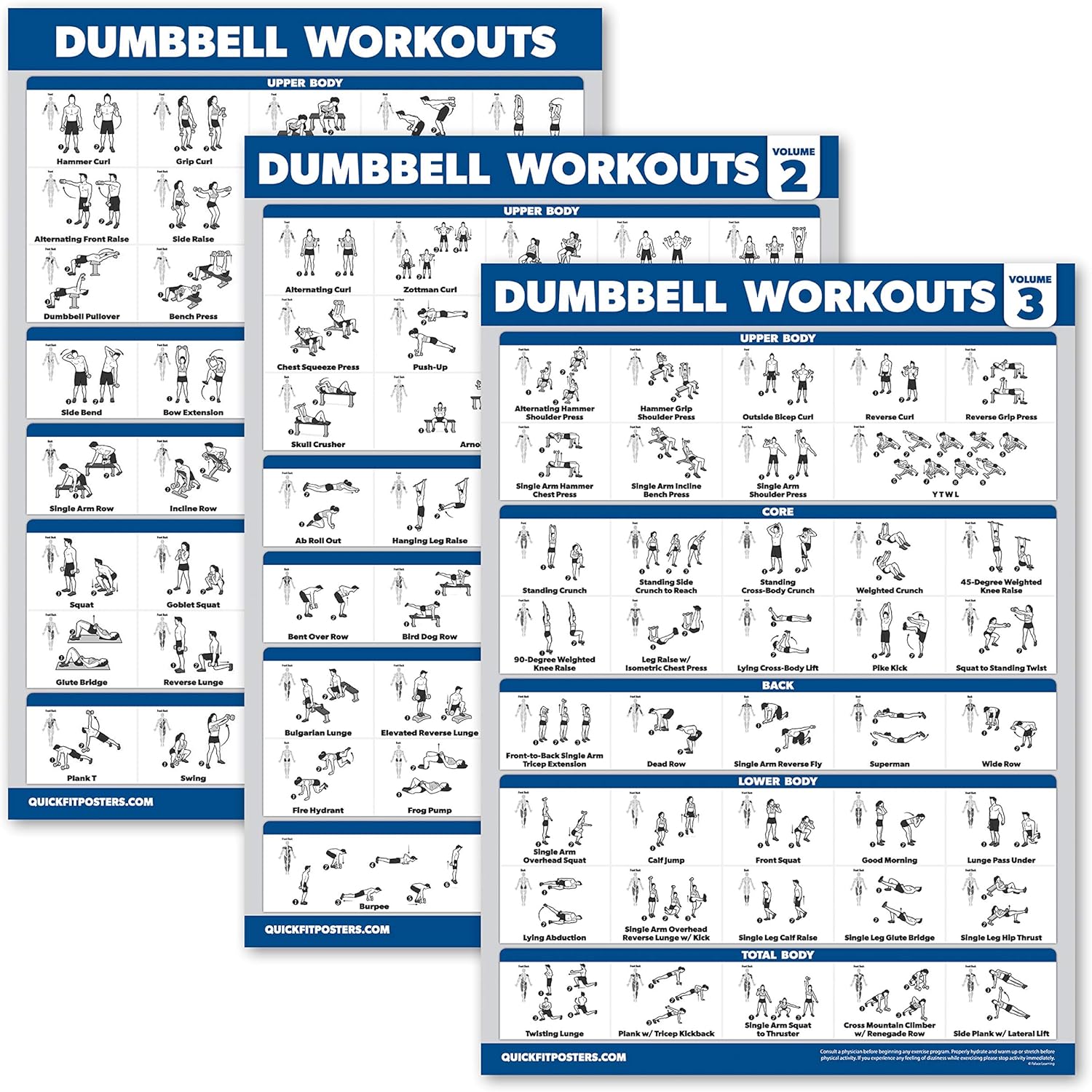 Palace Learning 3 Pack - Dumbbell Workout Posters for Home Gym - Volume 1, 2 & 3 - Exercise Charts (Laminated, 18" x 24")