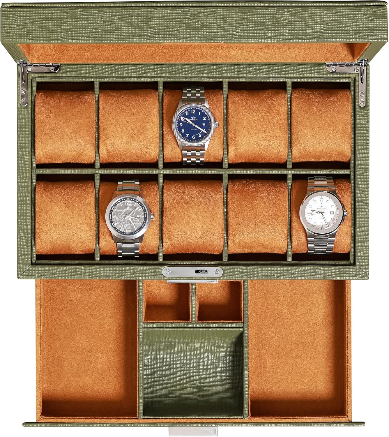 ROTHWELL 6 Slot Leather Watch Box with Valet Drawer for Men - Luxury Watch Case Display Organizer, Microsuede Liner, Locking Storage With Glass Top
